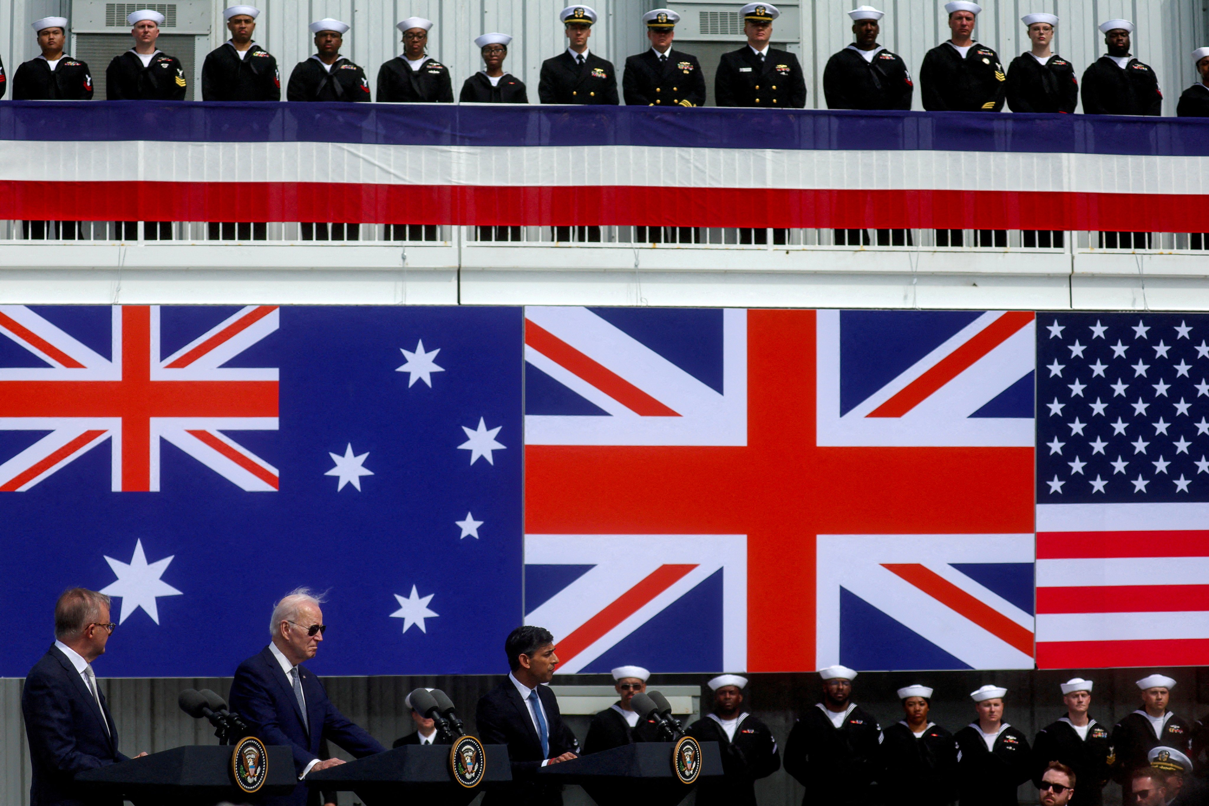 (From left) Australian Prime Minister Anthony Albanese, US President Joe Biden and British Prime Minister Rishi Sunak deliver remarks on the Aukus partnership after meeting at a naval base point in California last year. Photo: Reuters 