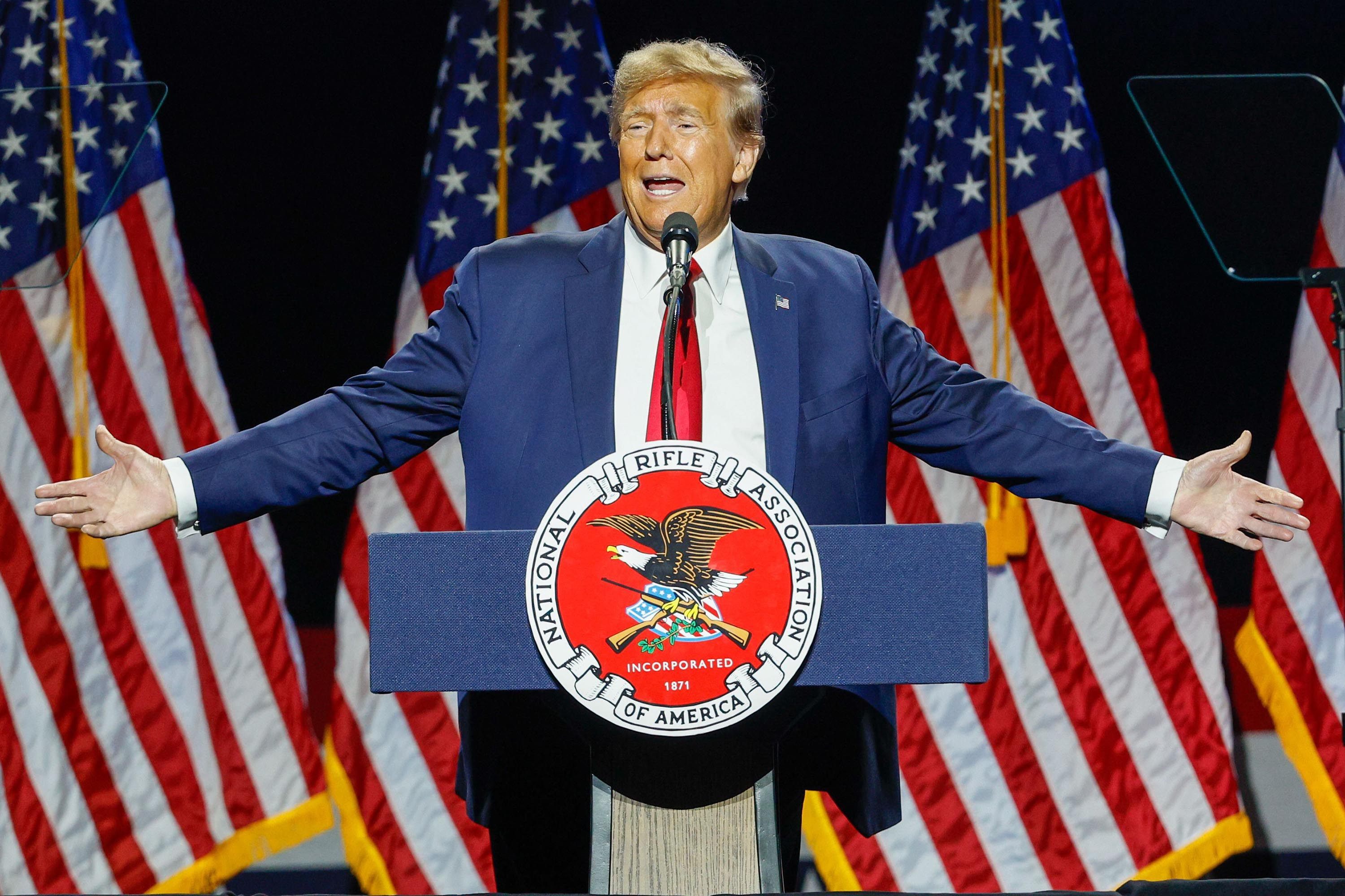 Former US president Donald Trump speaks at the National Rifle Association’s Presidential Forum in Harrisburg, Pennsylvania, in February. Photo: TNS