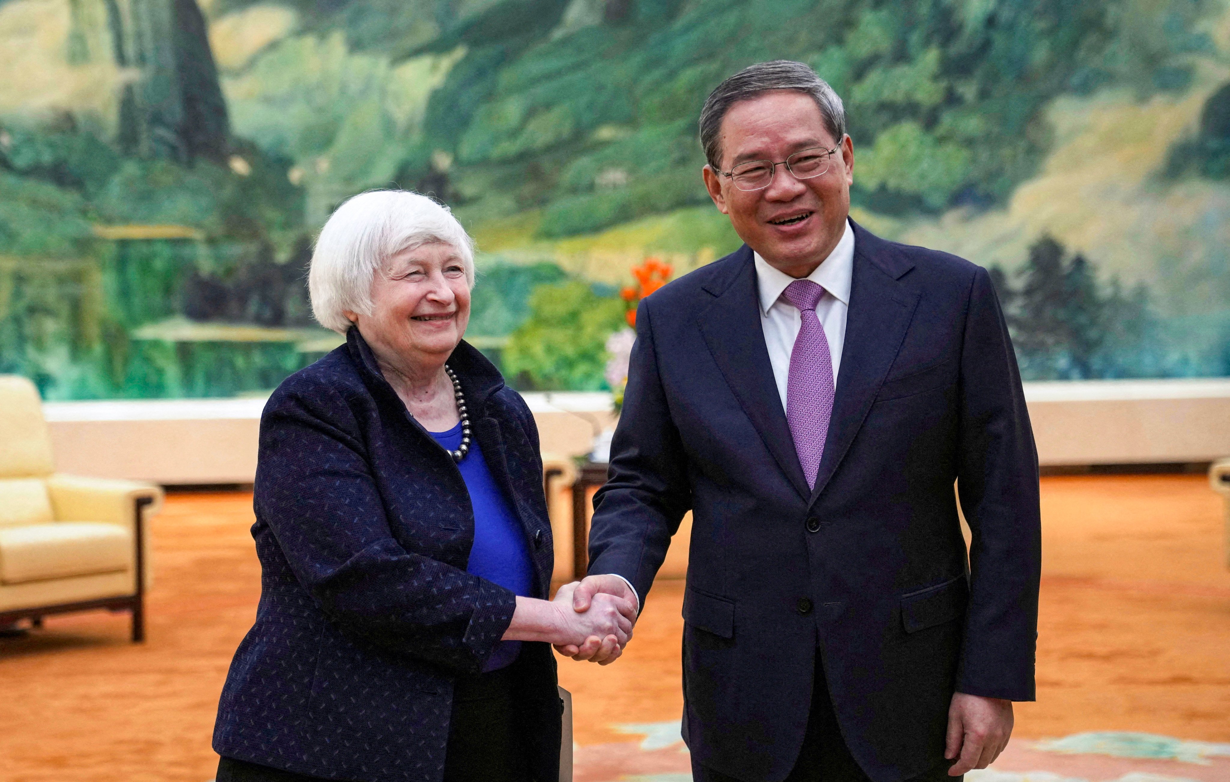 US Treasury Secretary Janet Yellen (left) meets Chinese Premier Li Qiang in Beijing on Sunday. Photo: via Reuters