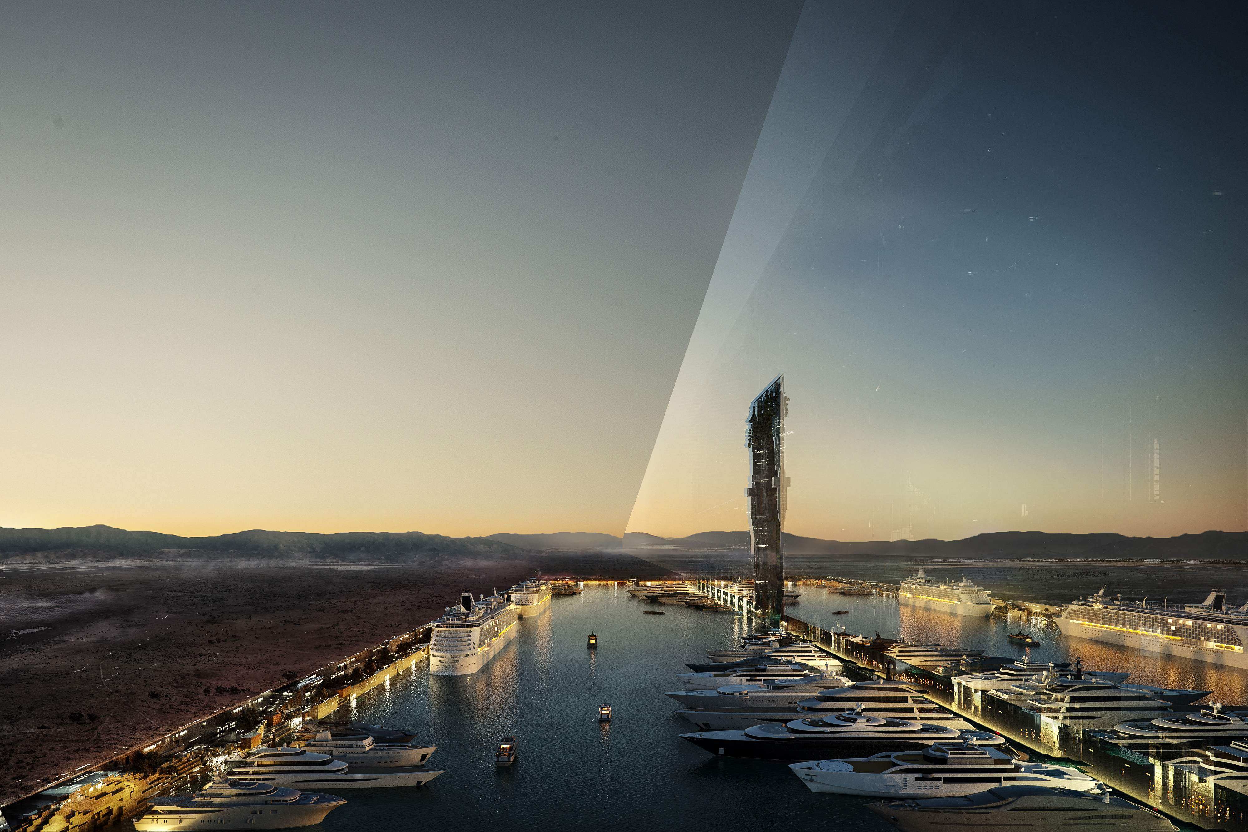 The design plan for the 500-metre tall parallel structures, known collectively as The Line, in the heart of the Red Sea megacity of Neom. Photo: AFP