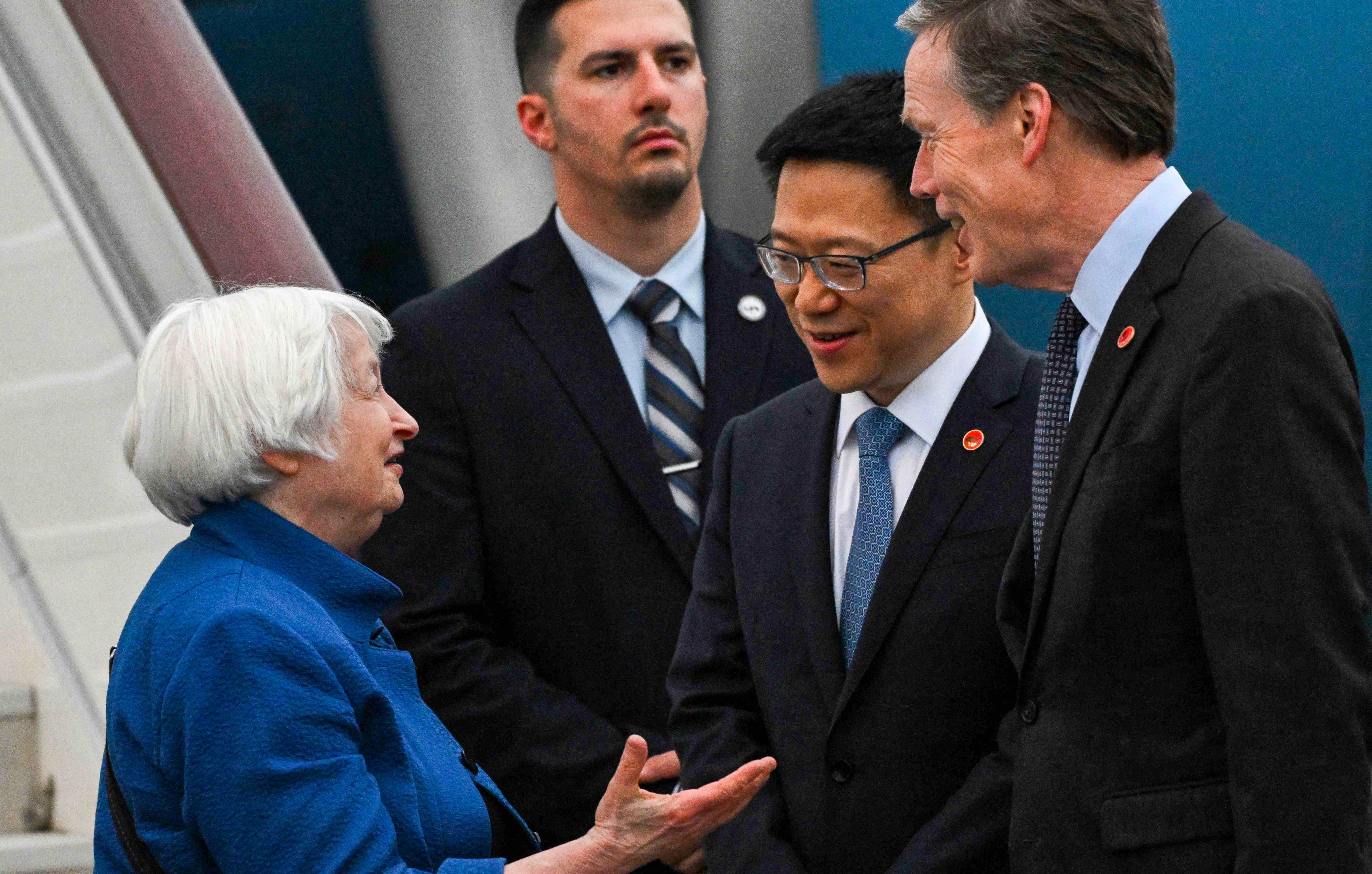 China’s Vice Minister of Finance Liao Min (second from right) and US Ambassador to China Nicholas Burns (far right) greet US Treasury Secretary Janet Yellen at Baiyun International Airport in Guangzhou. Photo: AFP