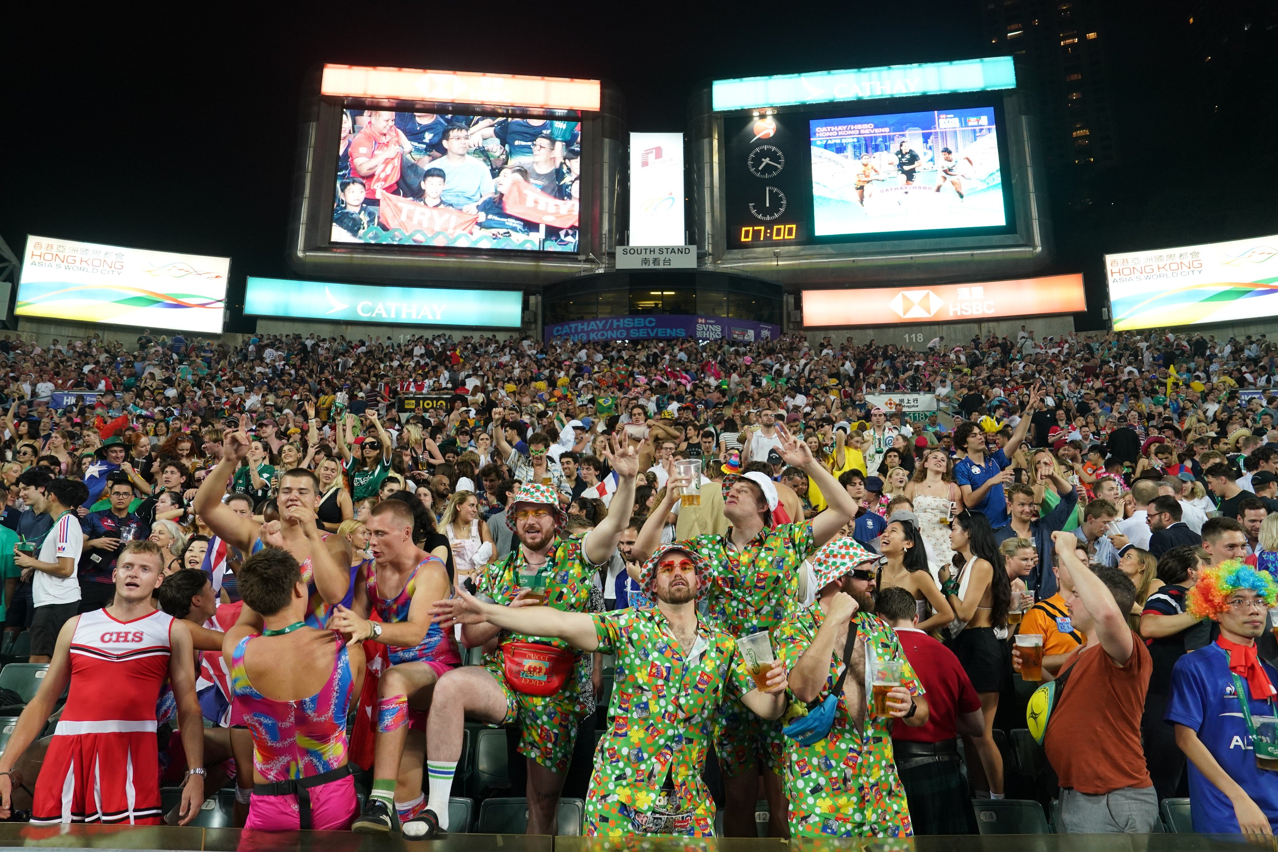 Fans in the South Stand on day one of the Cathay/HSBC Hong Kong Rugby Sevens. Photo: Elson Li