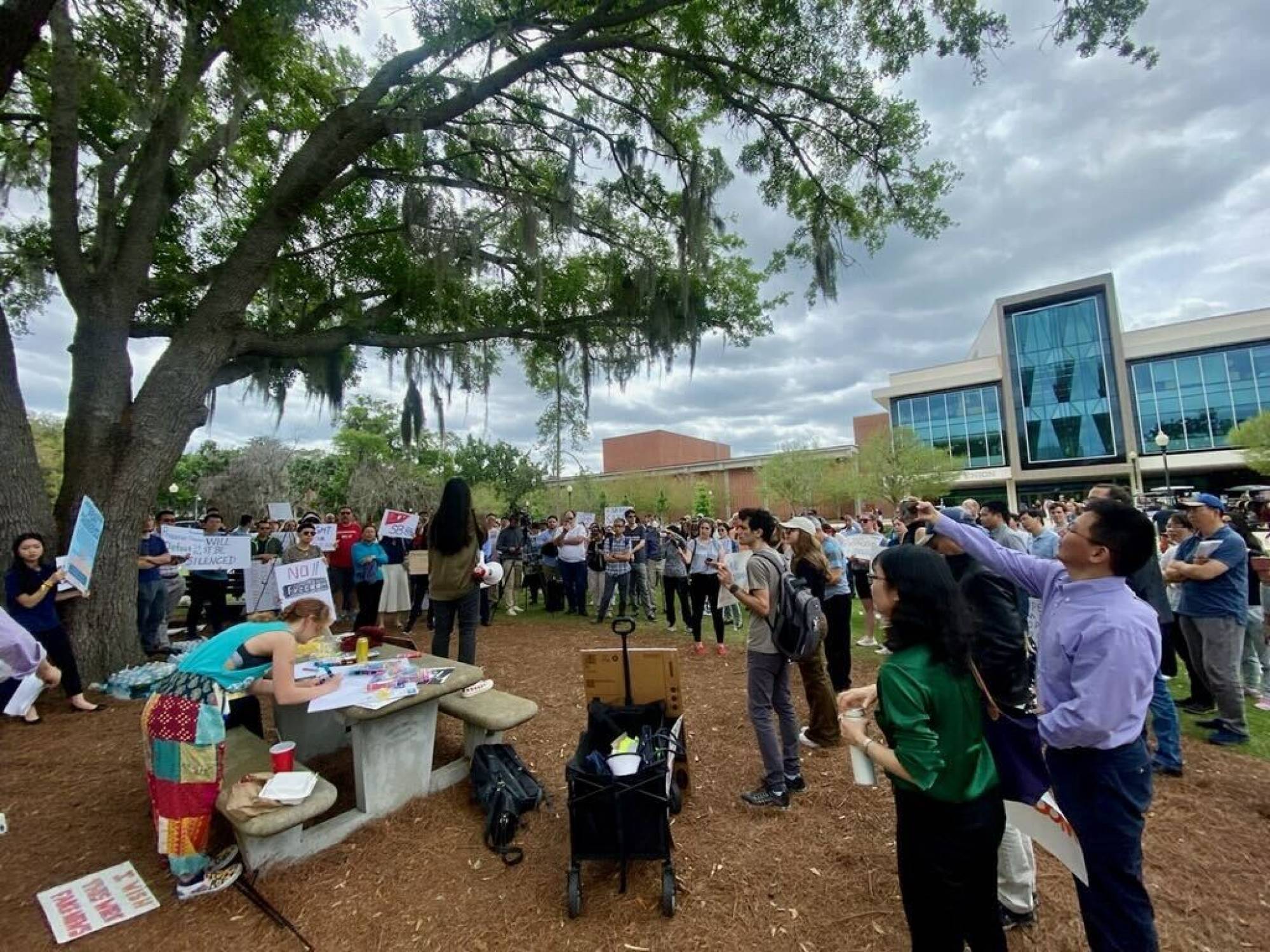 Opponents of a new Florida law that makes it harder for public schools in the state to hire Chinese students and collaborate with Chinese institutions protest on March 26 in Gainesville, where the University of Florida is located. Photo: Asian American Scholar Forum
