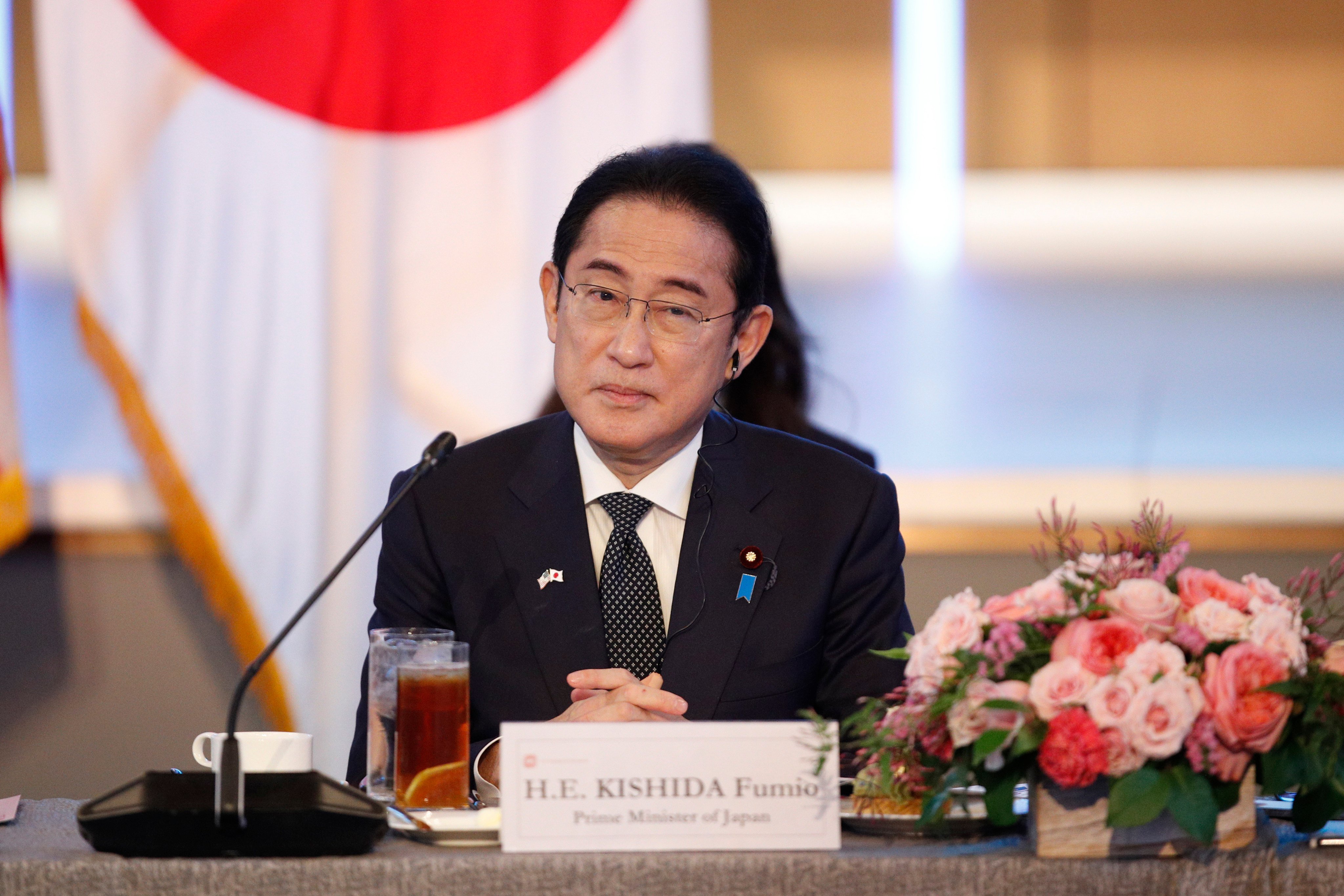 Japanese Prime Minister Fumio Kishida takes part in a round-table discussion with business leaders on Tuesday in Washington. Photo: AP