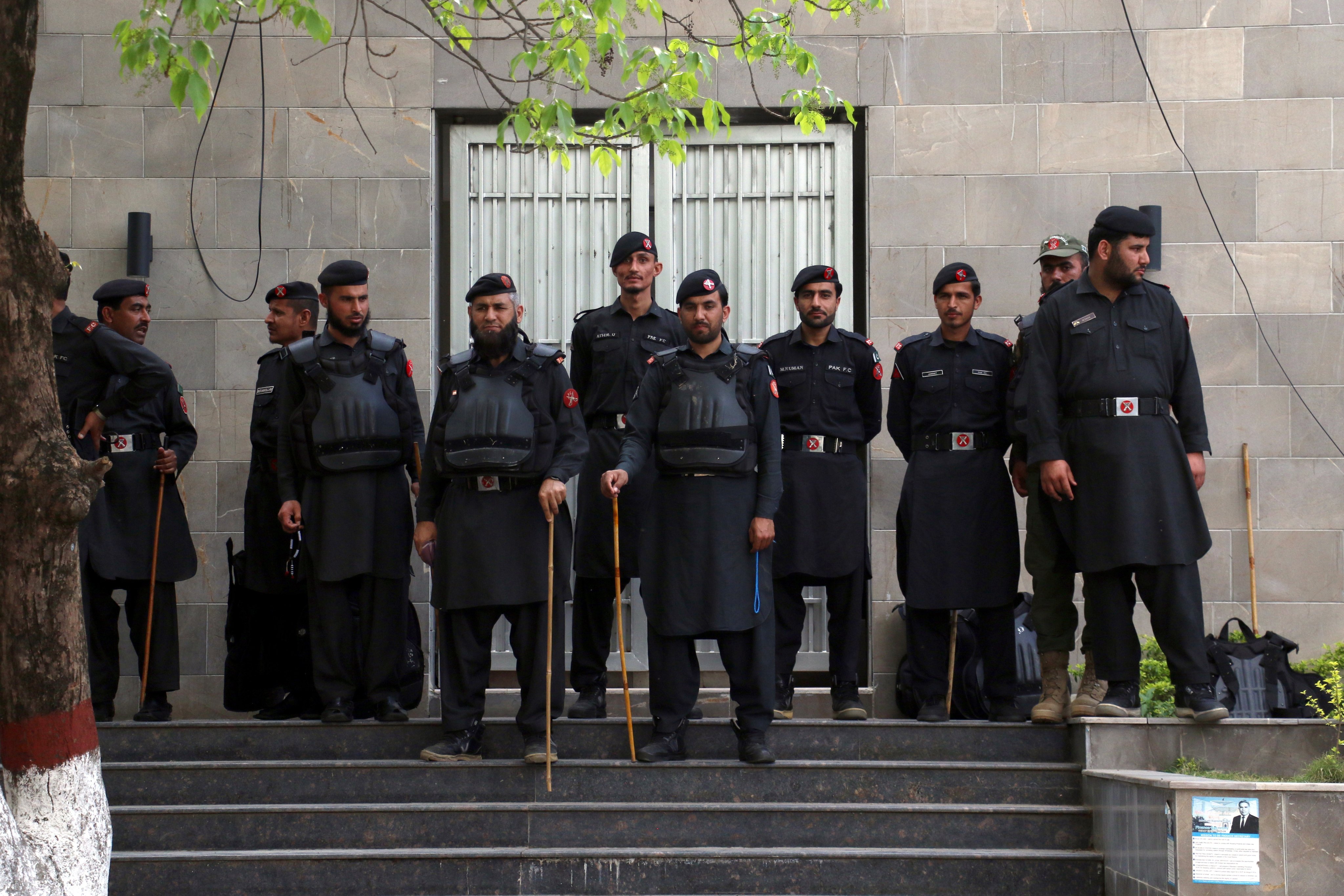 Pakistani security officials stand guard outside the Islamabad Supreme Court. A letter signed by the six senior judges of the Islamabad High Court outlined the judges’ concerns regarding the widespread use of “intimidating” tactics by the Inter-Services Intelligence, the country’s primary intelligence agency, to influence judicial verdicts, particularly in political cases. Photo: EPA-EFE