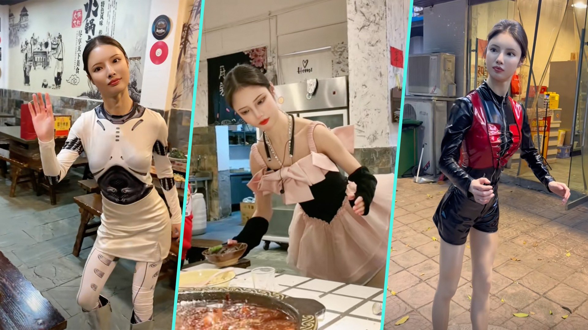 A restaurant owner in China has delighted customers and become an international online hit by mimicking a robot to serve people food. Photo: SCMP composite/Douyin
