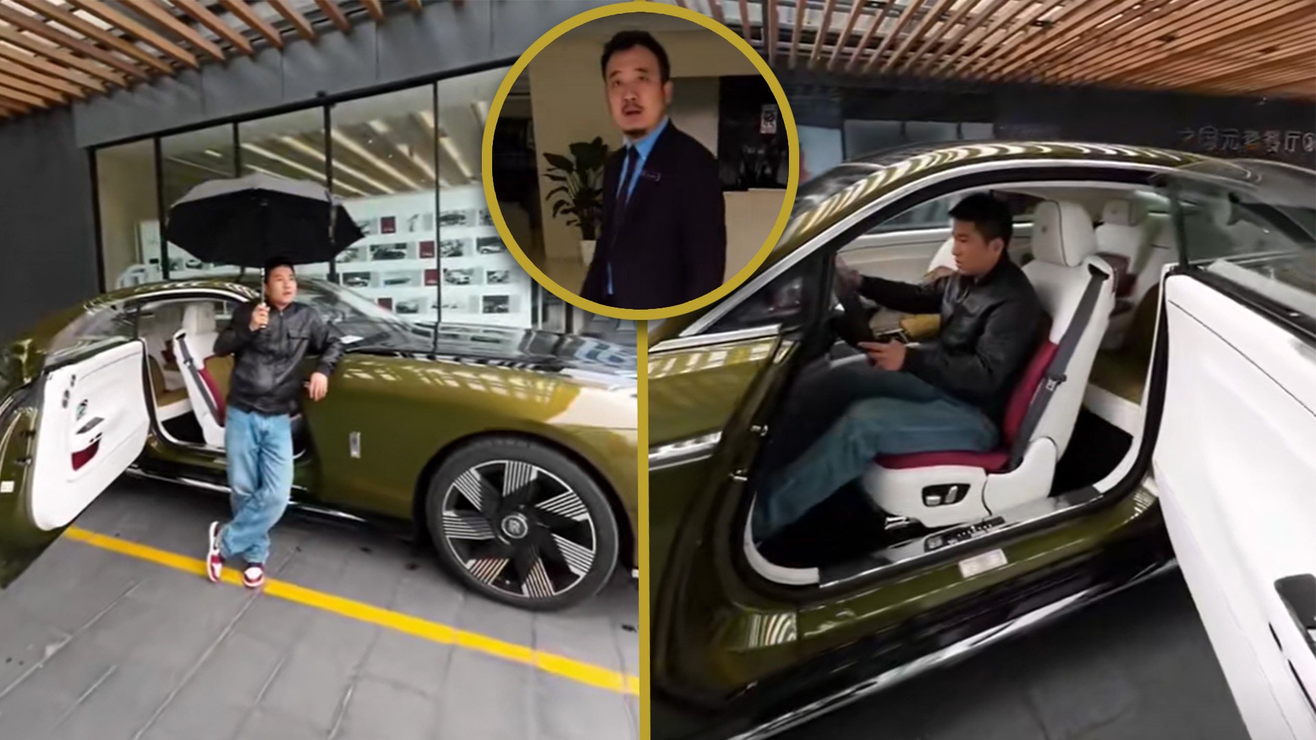 A Rolls-Royce seller in China has allowed a man of modest means to sit inside his favourite luxury car while telling him if he works hard he could own such a vehicle one day. Photo: SCMP composite/Douyin