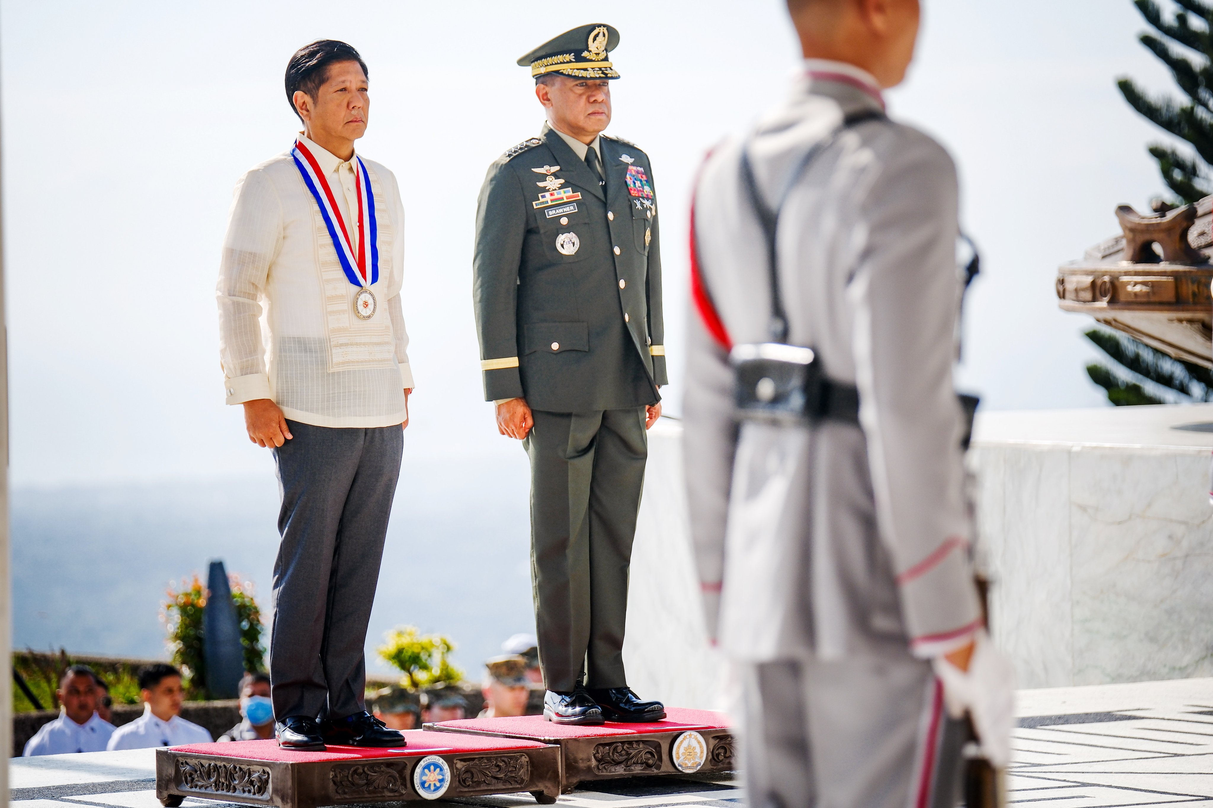 Filipino President Ferdinand Marcos Jnr (left) and Armed Forces chief General Romeo Brawner in the town of Pilar, Bataan province. Photo: EPA-EFE