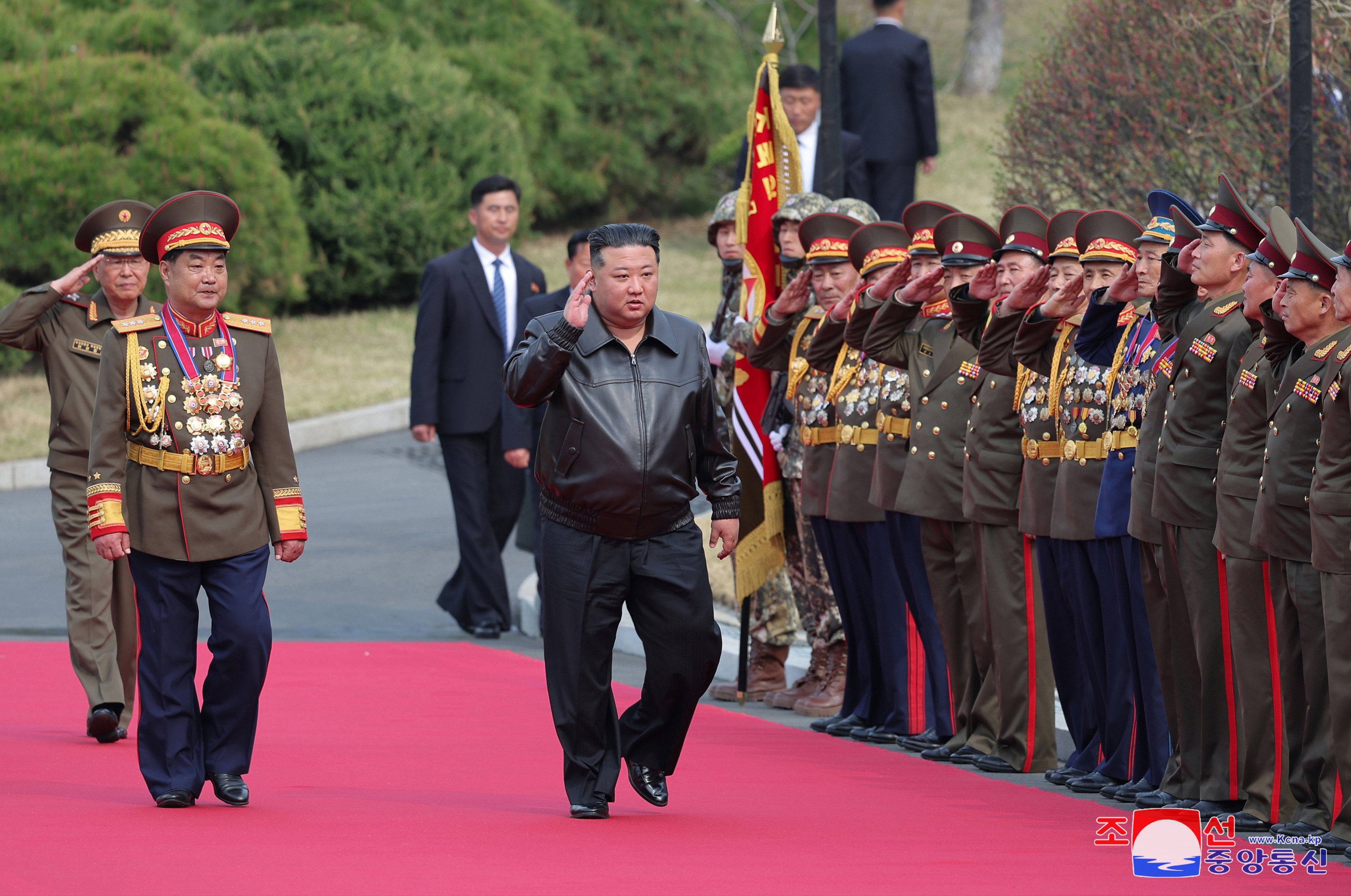 Kim Jong-un visits a military university in Pyongyang on April 10. Photo: EPA-EFE/KCNA