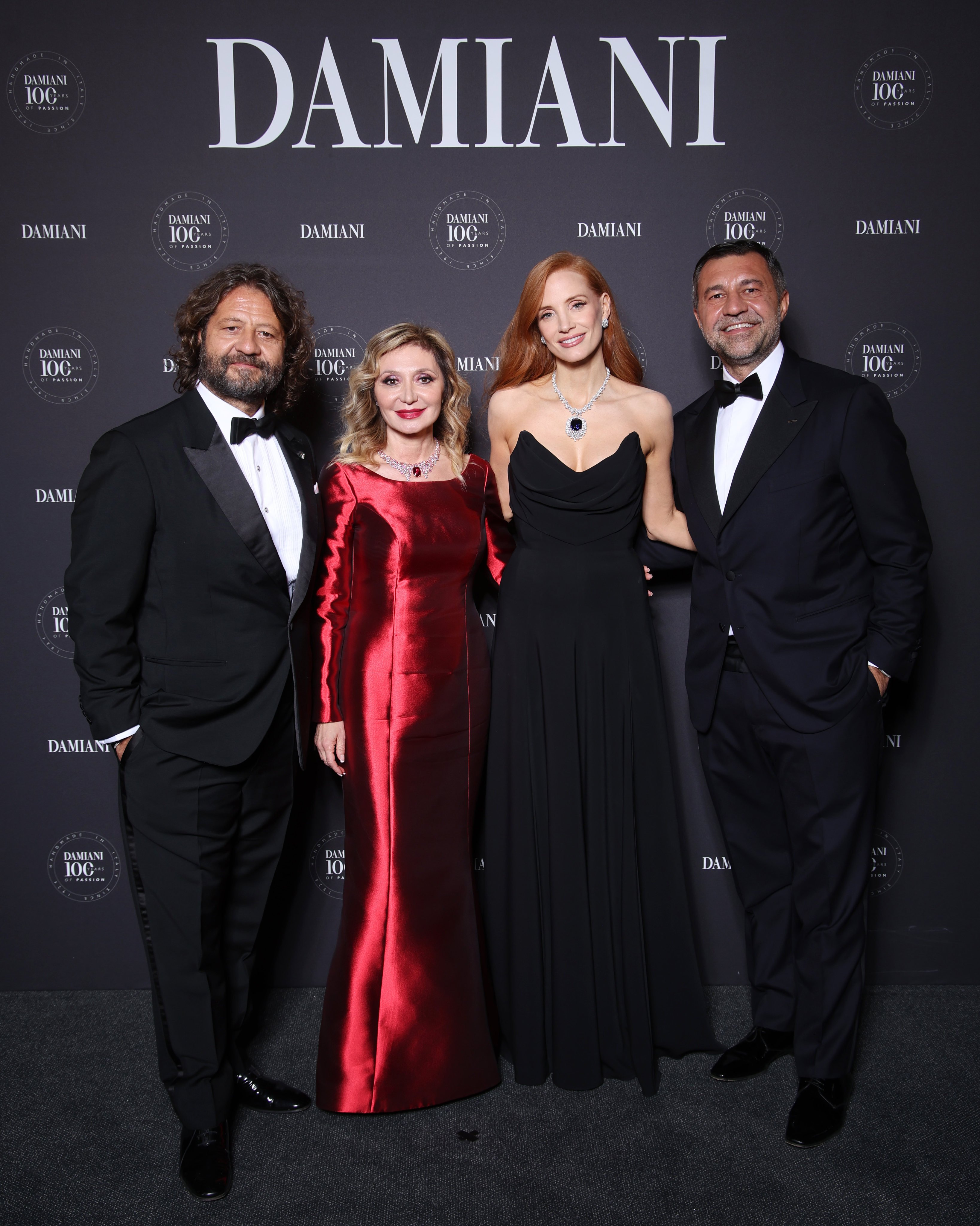 Members of the Damiani family with Jessica Chastain at the Damiani Centenary gala dinner on March 14, with the high jewellery brand also marking the anniversary with an exhibition of 100 masterpieces, including some gemstones of more than 100 carats. Photo: Getty Images