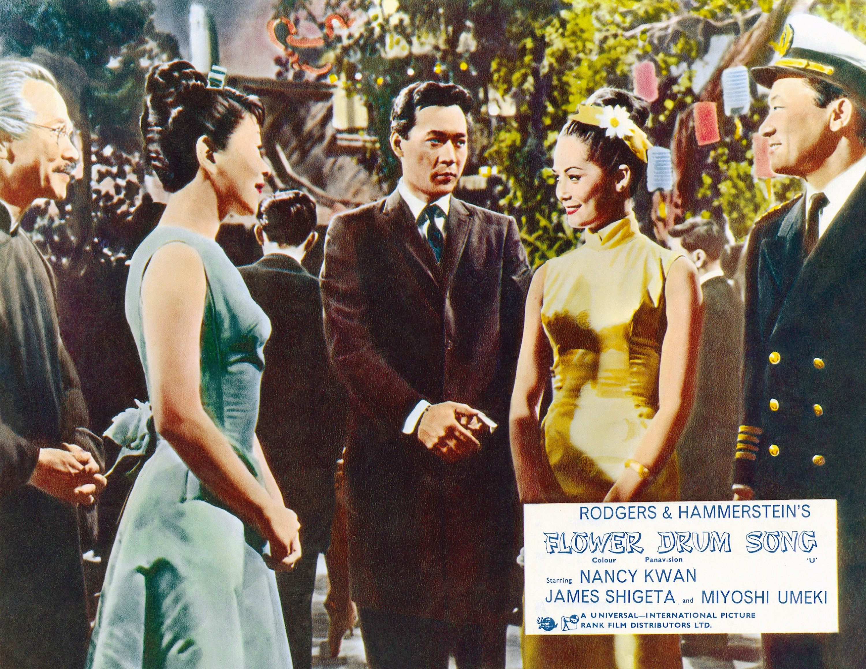 Flower Drum Song was the first Hollywood film with a mostly Asian cast. From left: Kam Tong, Miyoshi Umeki, James Shigeta, Nancy Kwan and Victor Sen Yung in a lobby card for Flower Drum Song. Photo: Getty Images