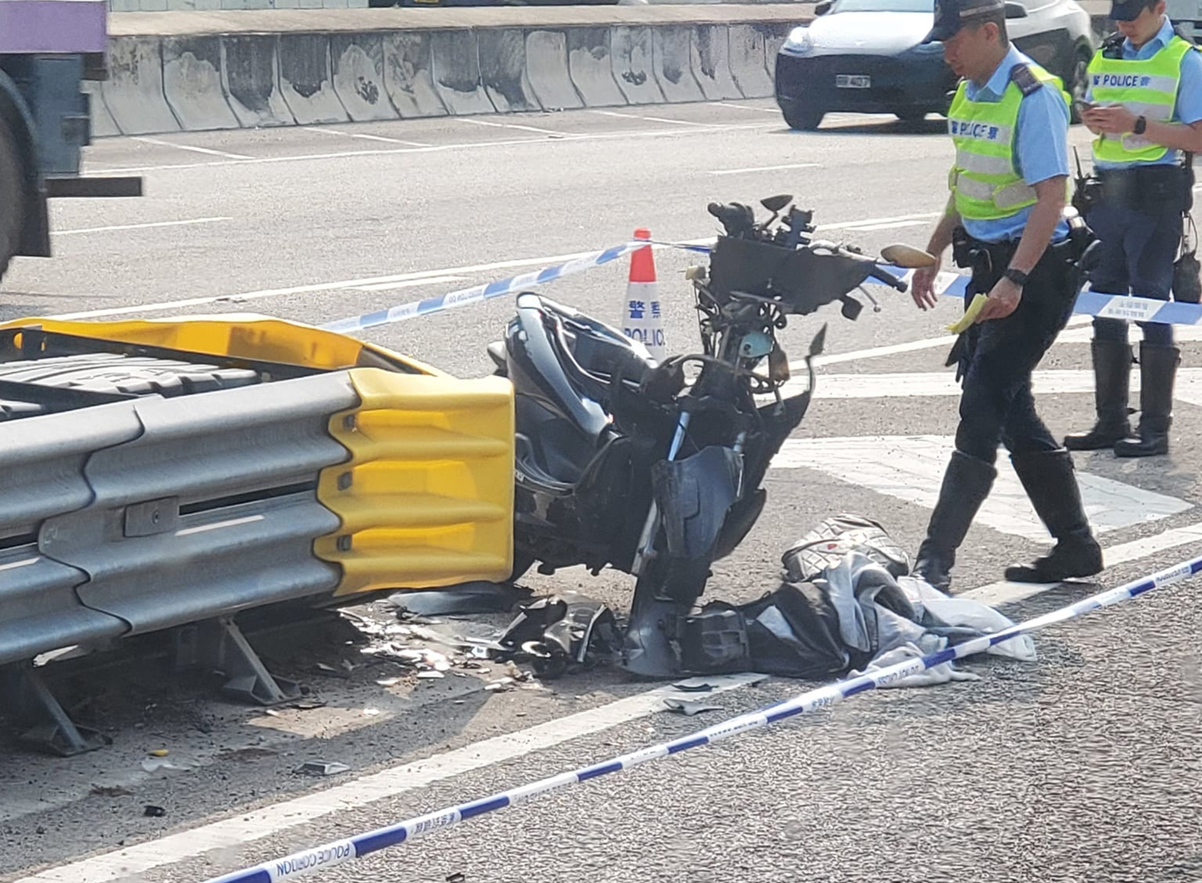A motorcyclist crashed while approaching a bus exchange on Tuen Mun Road. Photo: Facebook/Ben Ben Ben