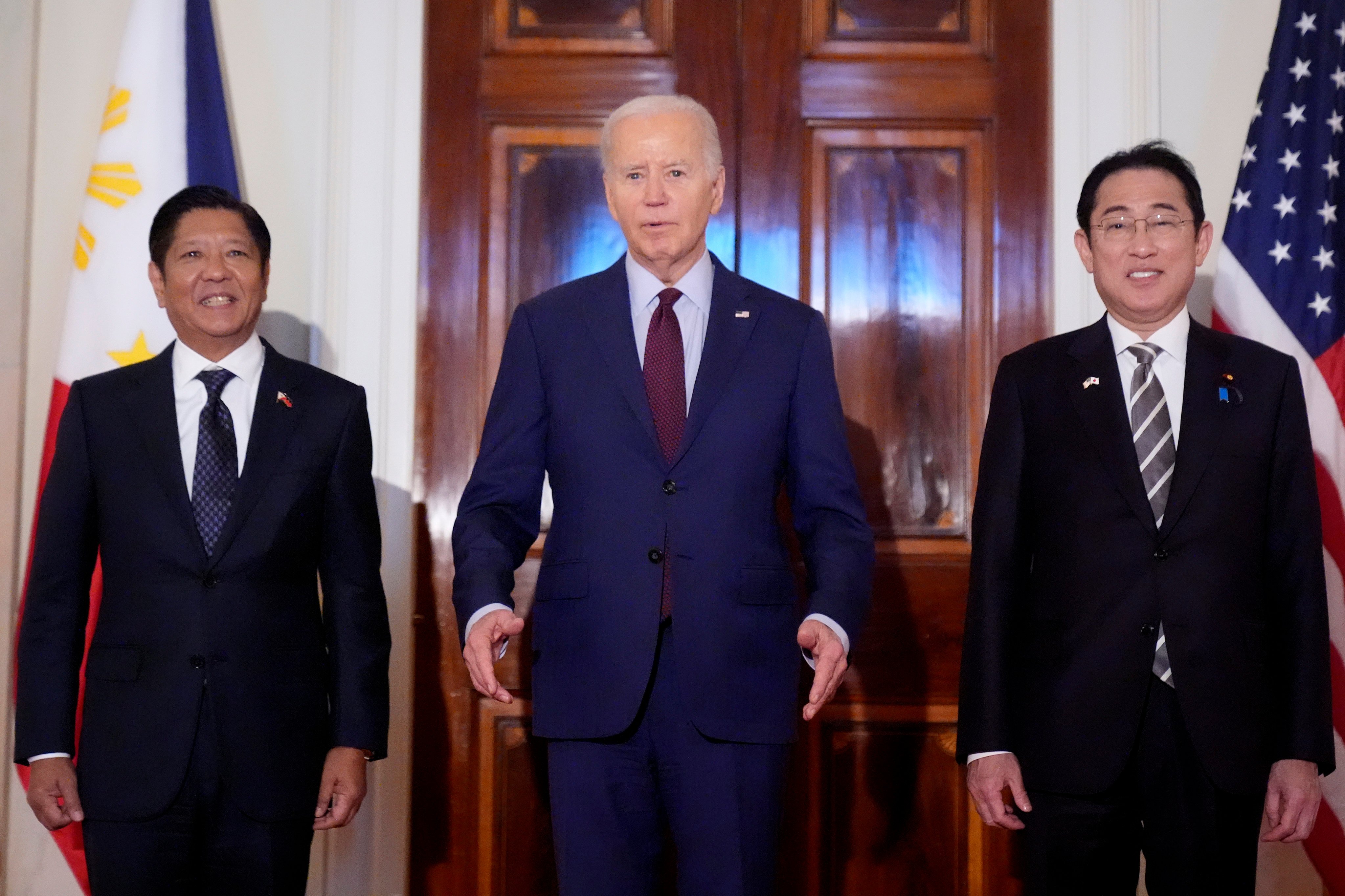 Philippine President Ferdinand Marcos Jnr (left), US President Joe Biden and Japanese Prime Minister Fumio Kishida appear before a trilateral meeting at the White House in Washington on Thursday. Photo: AP