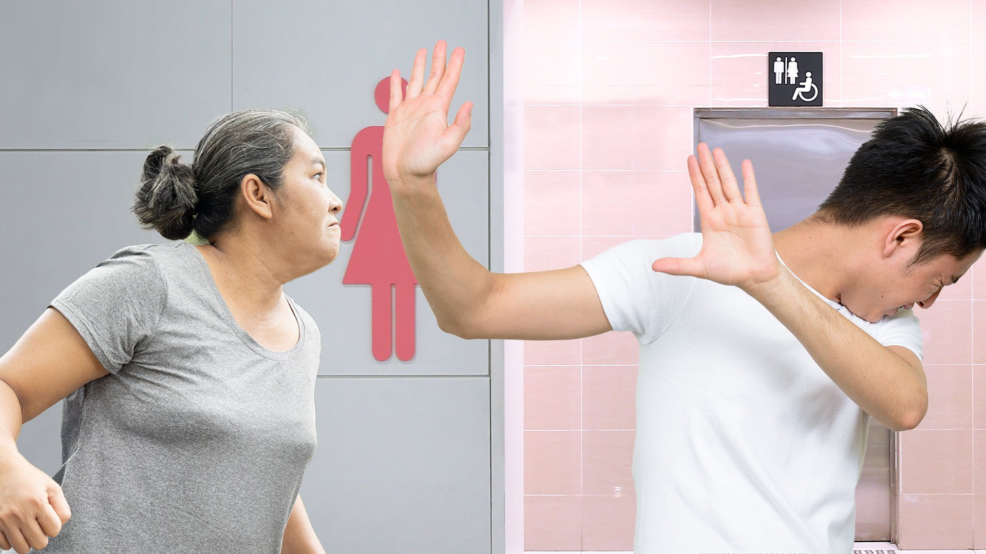 An angry mother in China slapped and kicked her adult son after he was caught filming illicitly in a public toilet for women. Photo: SCMP composite/Shutterstock
