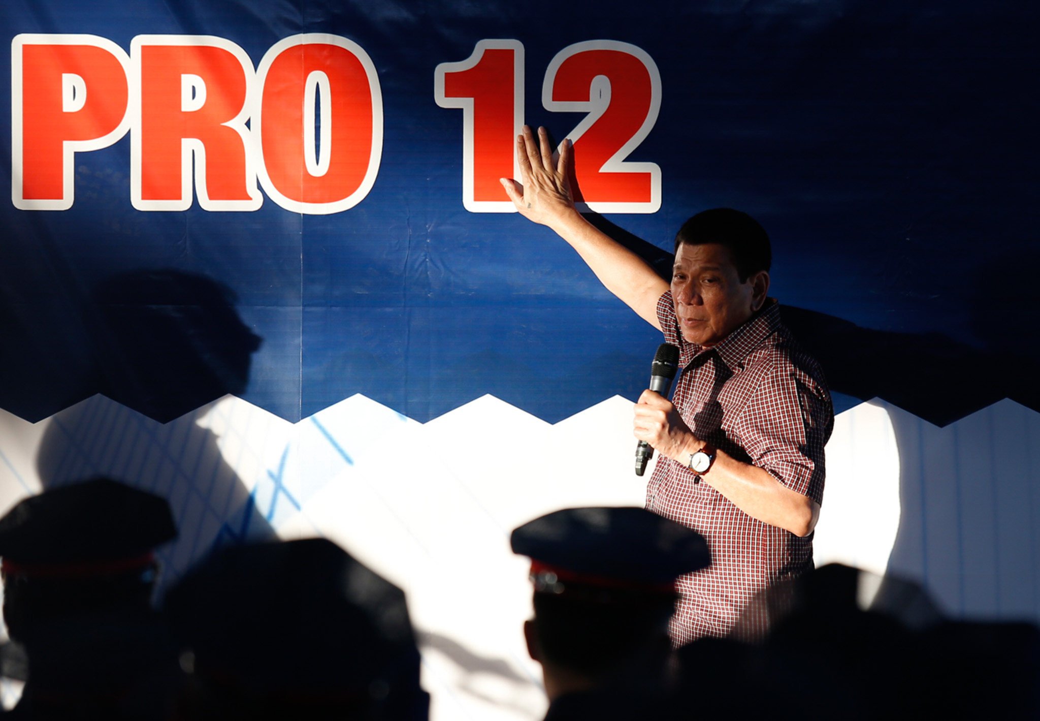 Philippine President Rodrigo Duterte gestures as he gives directives to police officers over his campaign against illegal drugs at the headquarters of Philippine National Police in General Santos City in September 2016. Photo: Jeoffrey Maitem