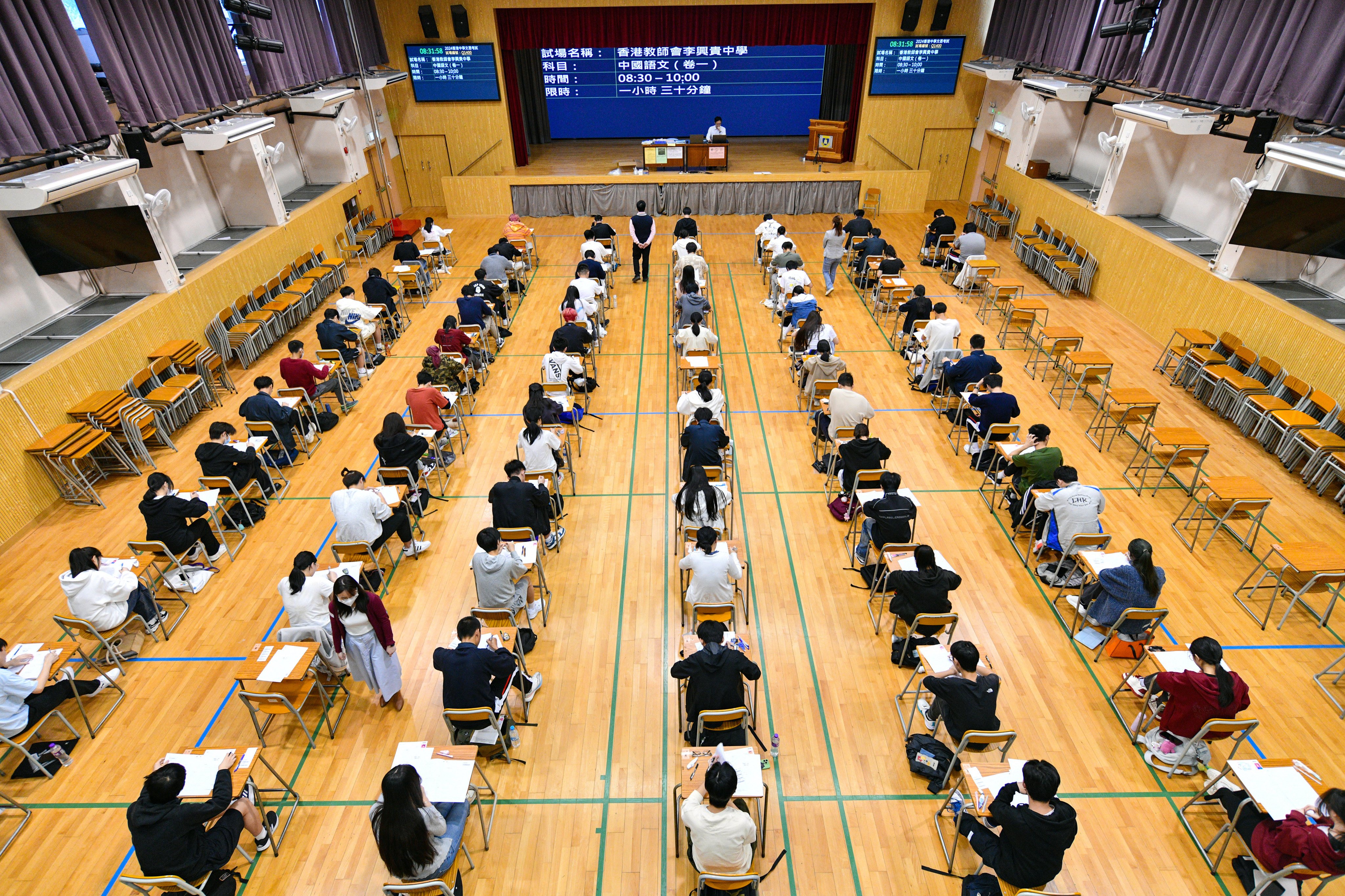 Pupils sit an exam at a school in Tai Po. The i-Invigilation app is being used officially for the first time this year after a previous pilot roll-out. Photo: Handout