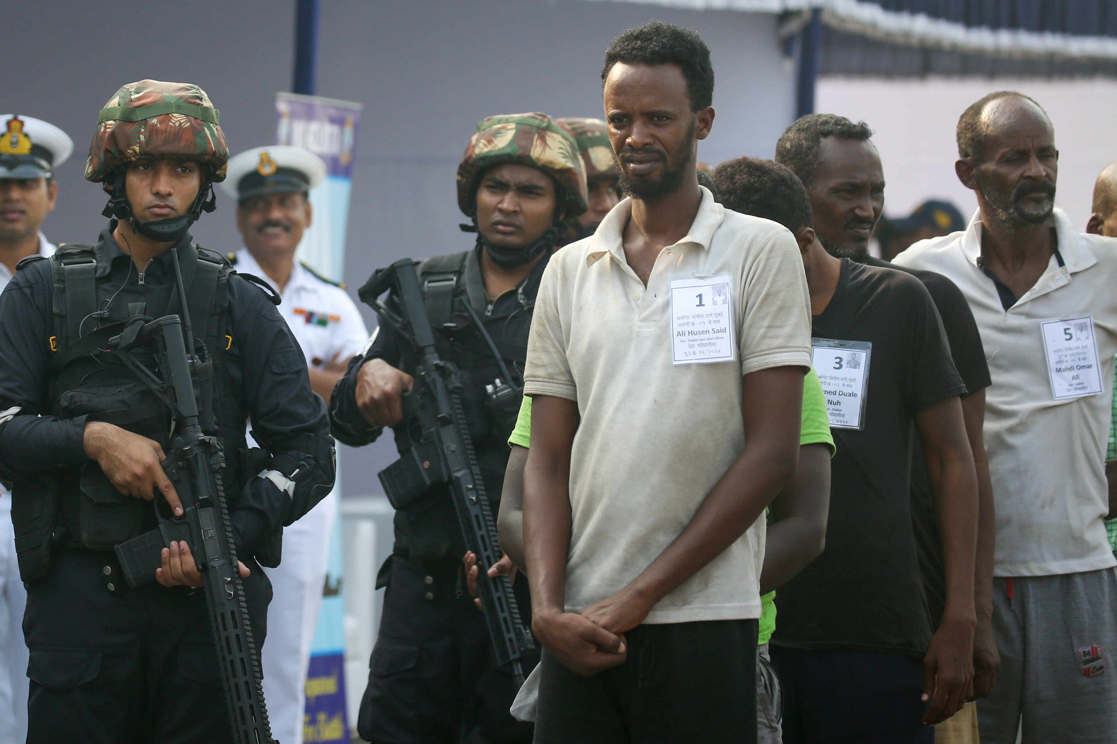 A group of suspected Somali pirates captured by the Indian Navy and presented to the media in Mumbai on March 23. Photo: EPA-EFE
