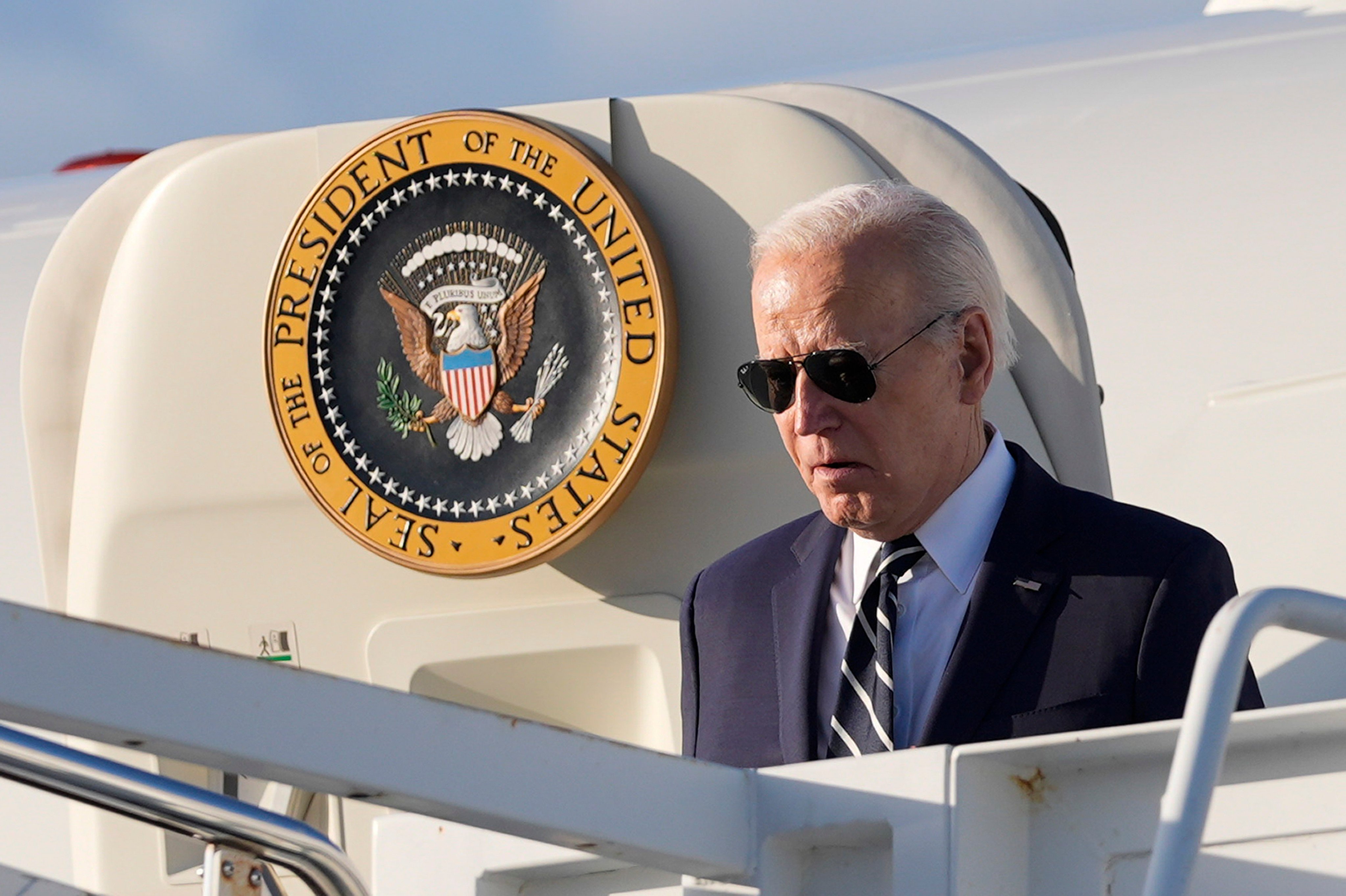 President Joe Biden arrives on Air Force One at Delaware Air National Guard Base in New Castle, Delaware on Friday. Photo: AP