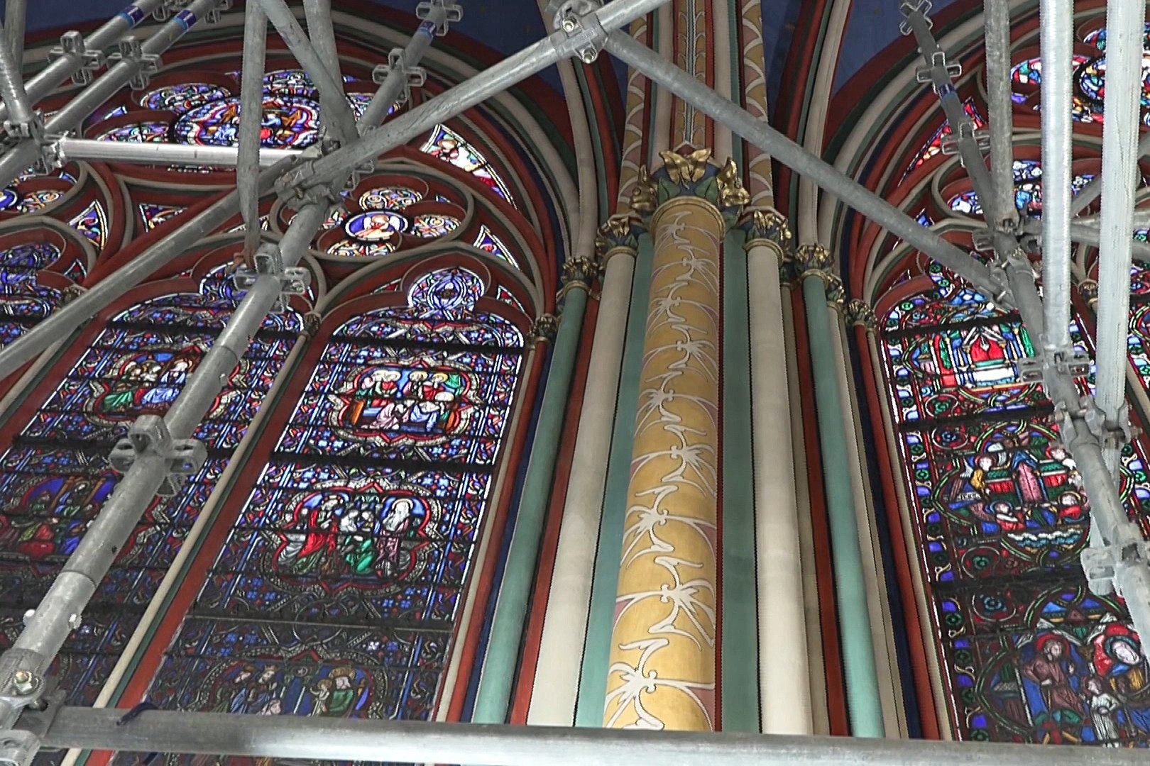Stained-glass windows inside Notre-Dame de Paris Cathedral, under restoration since it was ravaged by fire on April 15, 2019. A tender for the creation of replacement  stained-glass windows was launched on April 11, 2024. Photo: AFP
