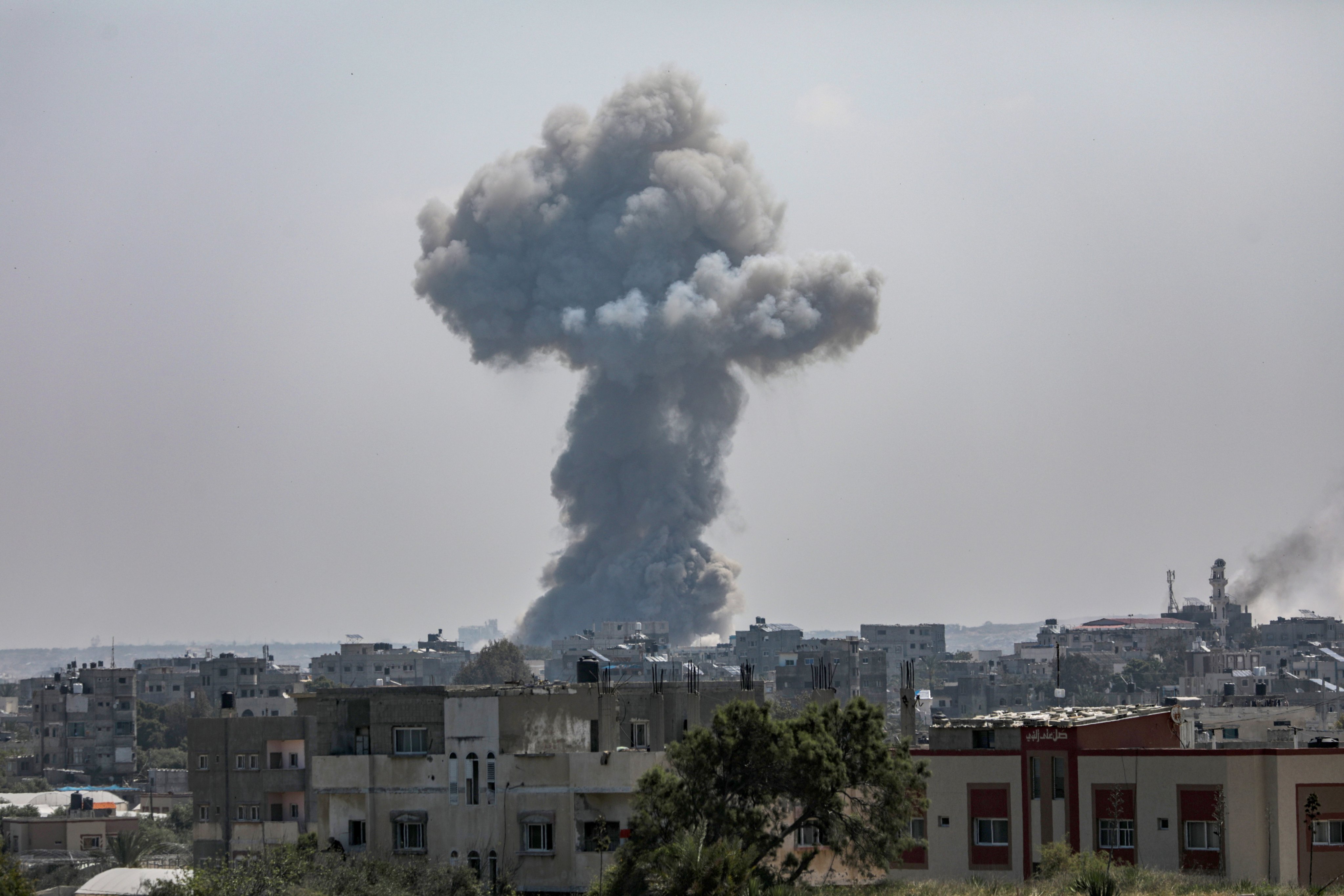 Smoke rises from an explosion during an Israeli military operation on Friday in al-Nusairat refugee camp, south of Gaza City. More than 33,500 Palestinians have been killed in the six-month conflict, according to the enclave’s Hamas-run health ministry. Photo: EPA-EFE