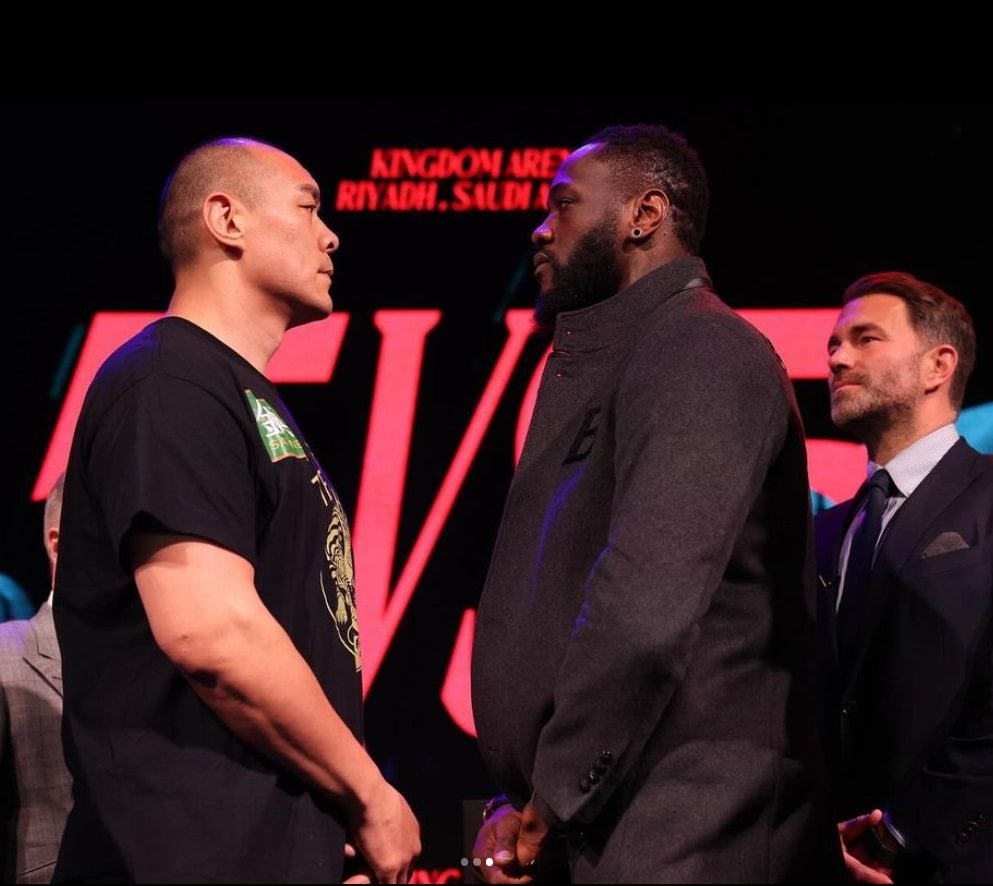 Zhang Zilei and Deontay Wilder face off at the announcement on Monday for their fight in Saudi Arabia in June. Photo: Instagram/zhileibigbangzhang