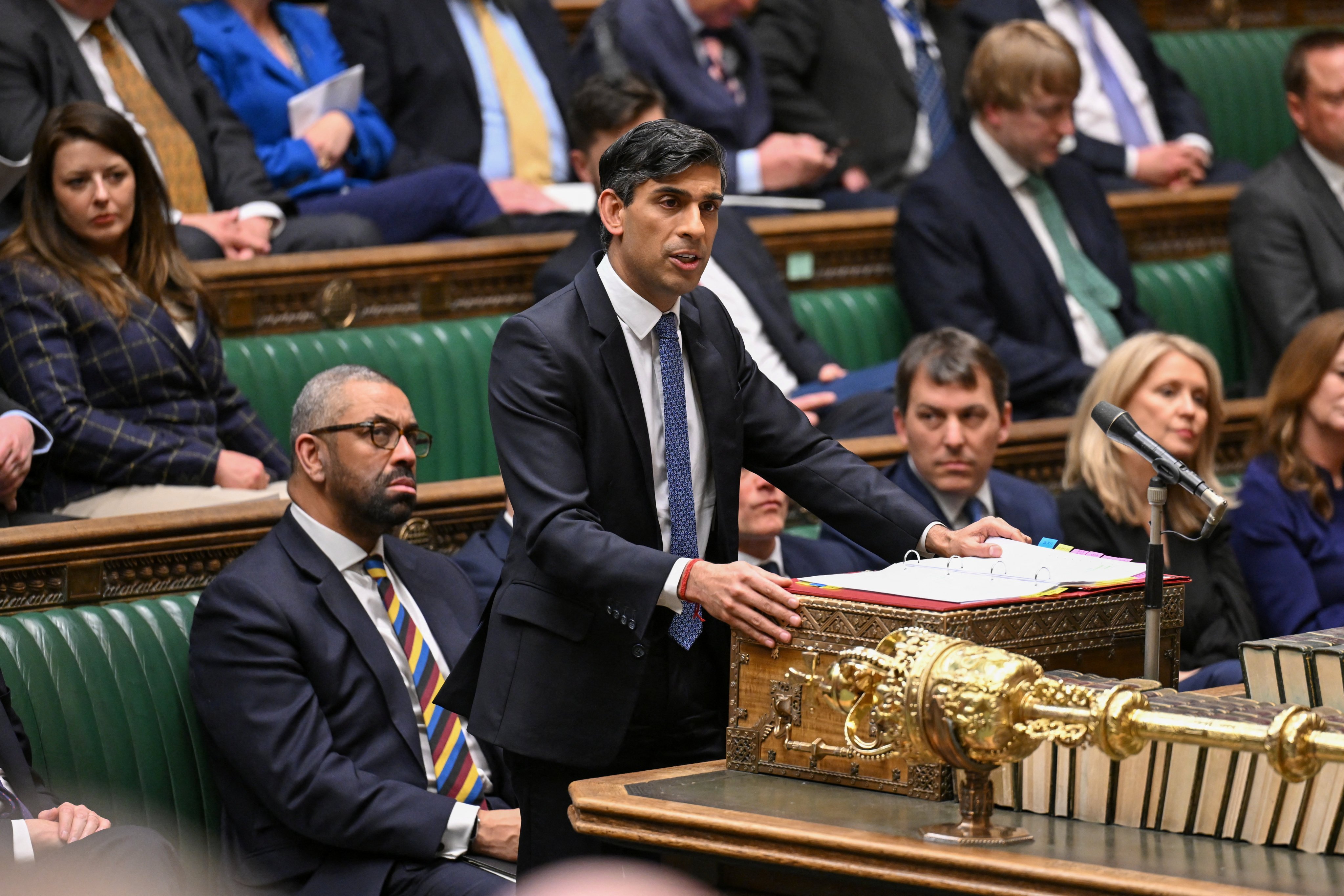 British Prime Minister Rishi Sunak speaks at the House of Commons in London on Monday. Photo: UK Parliament / Jessica Taylor / Handout via Reuters