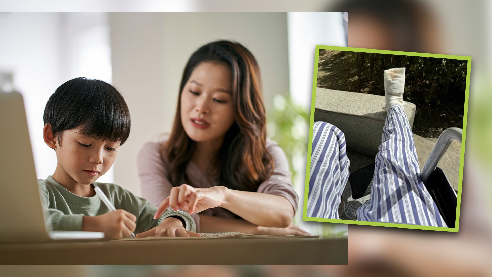 A frustrated mother in China has a meltdown while helping her son with homework, wants to kick someone, but hits wall instead breaking her toe. Photo: SCMP composite/Shutterstock/Baidu