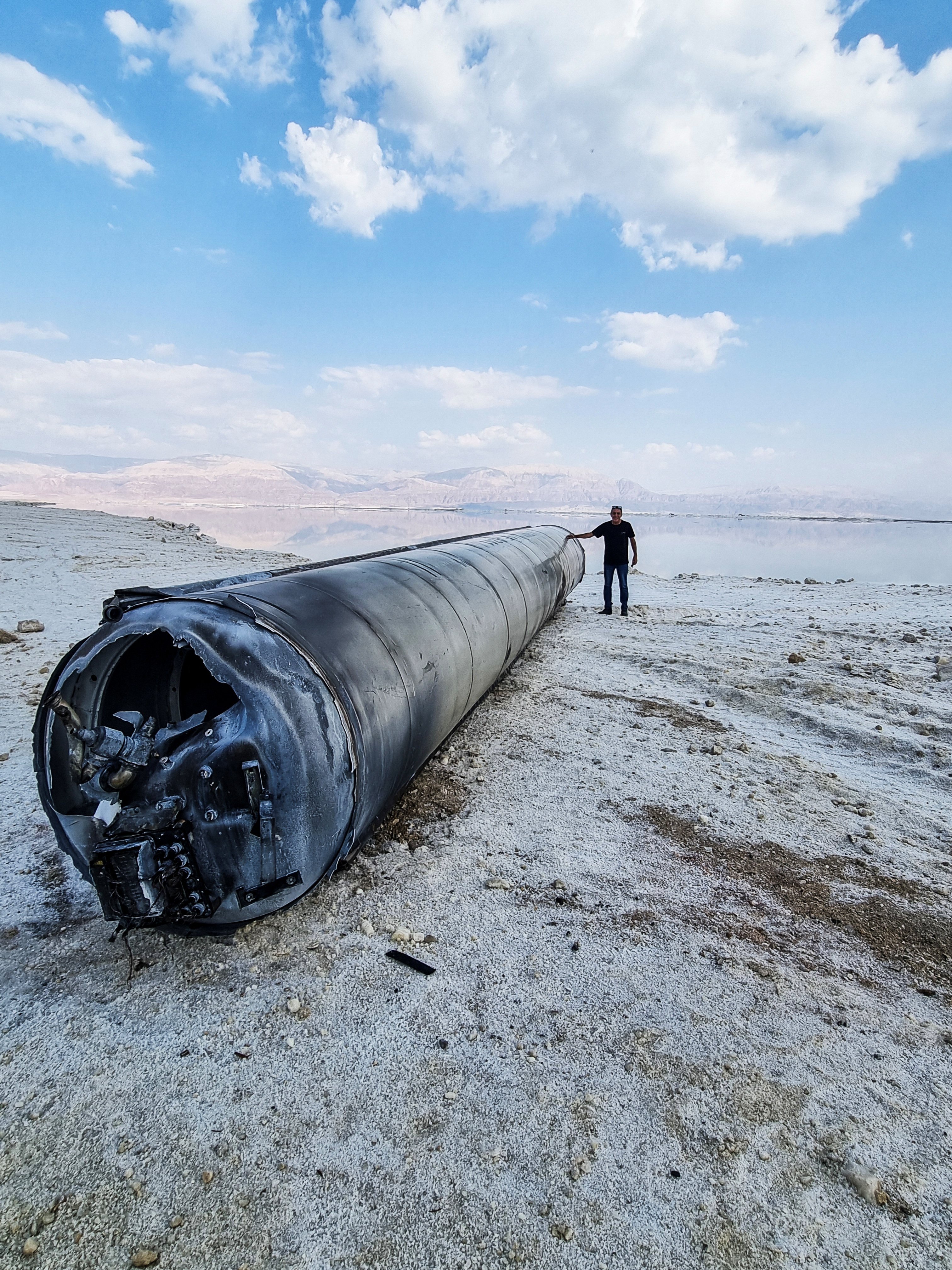 A ballistic missile on the shore of the Dead Sea, after Iran launched drones and missiles towards Israel. Photo: Reuters