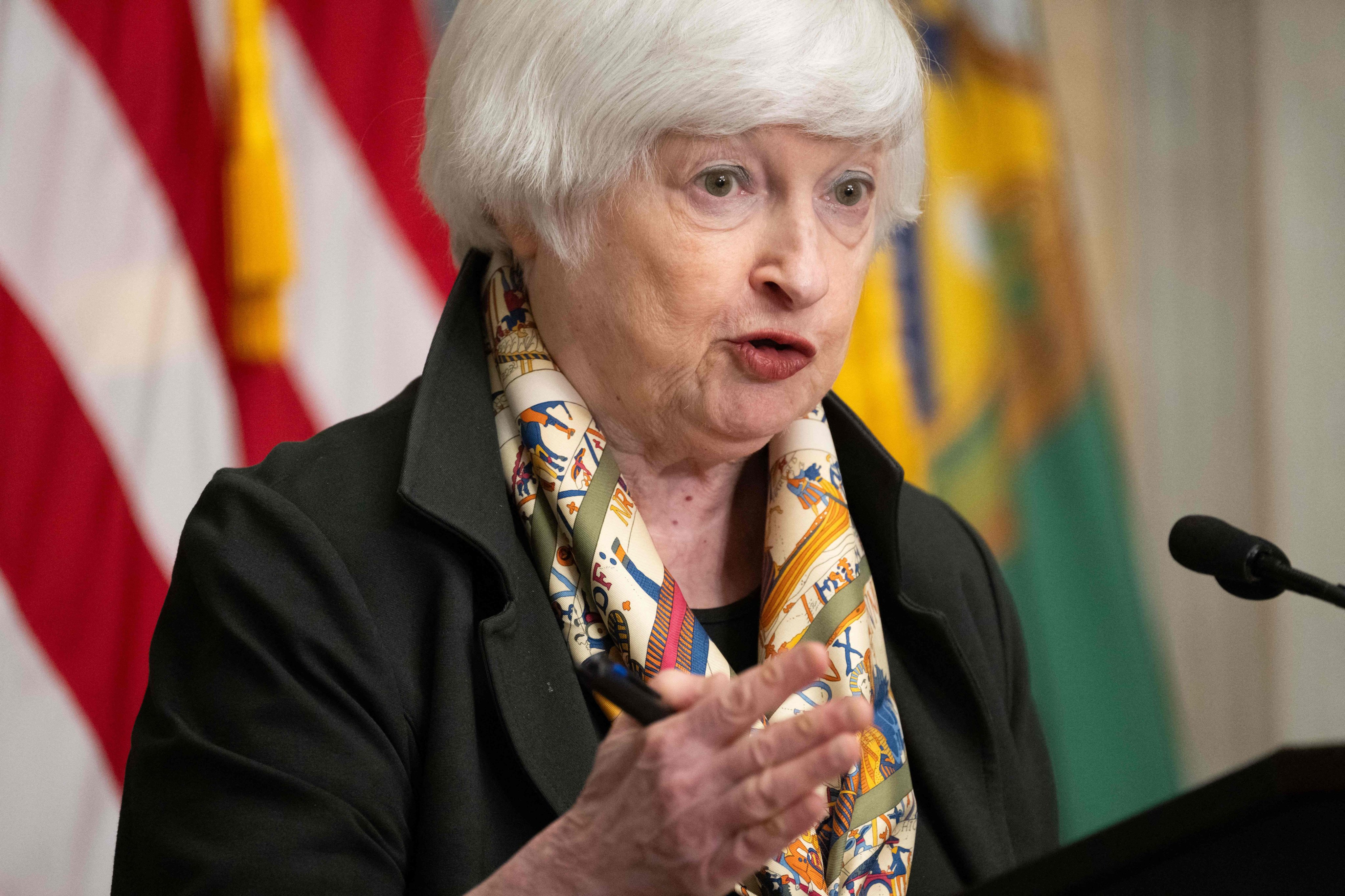 US Treasury Secretary Janet Yellen speaks during a press conference amid the IMF-World Bank Group spring meetings at the Treasury Department in Washington on Tuesday. Photo: AFP