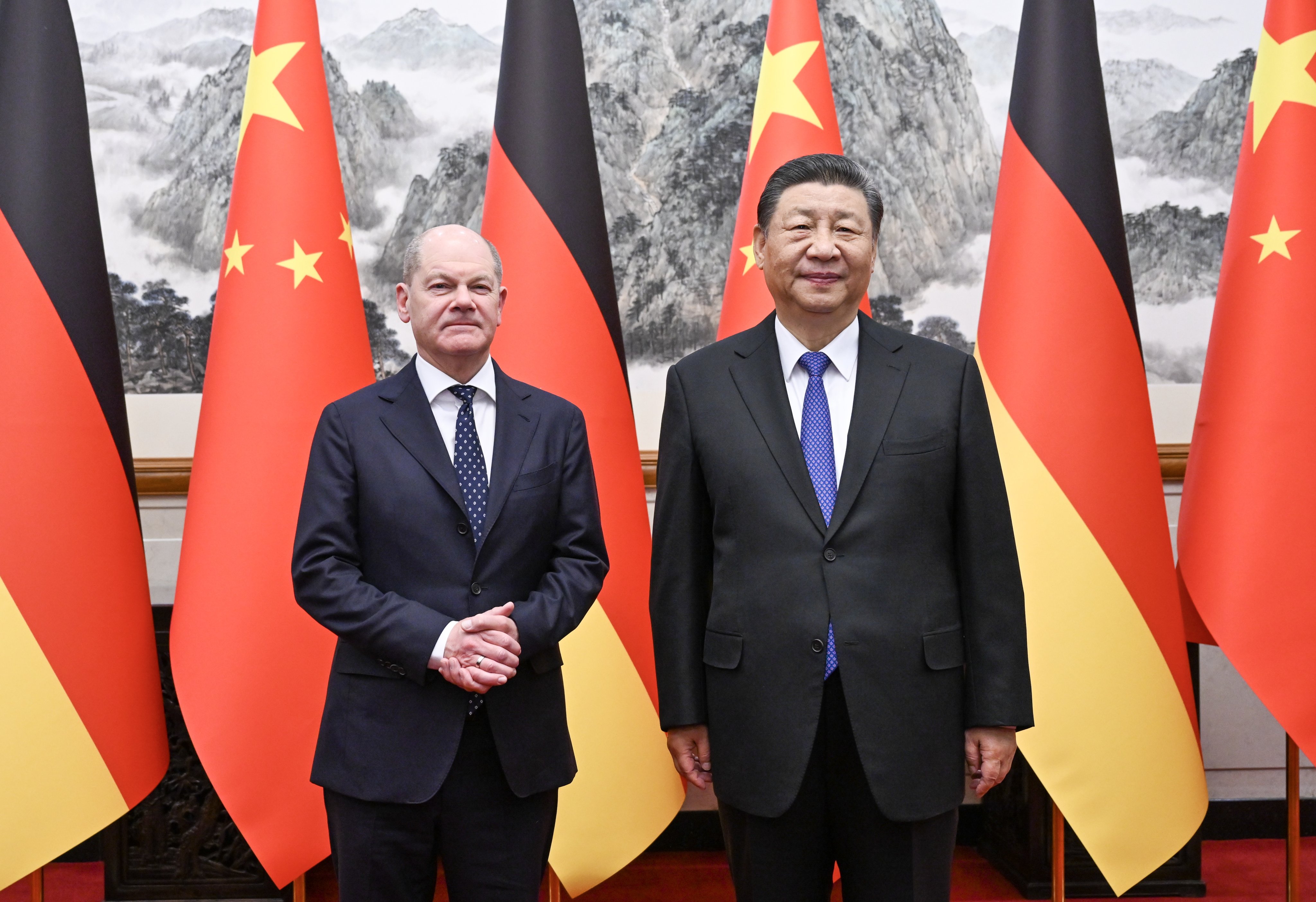 Chinese President Xi Jinping meets German Chancellor Olaf Scholz at the Diaoyutai State Guesthouse in Beijing on Tuesday. Photo: Xinhua/EPA-EFE