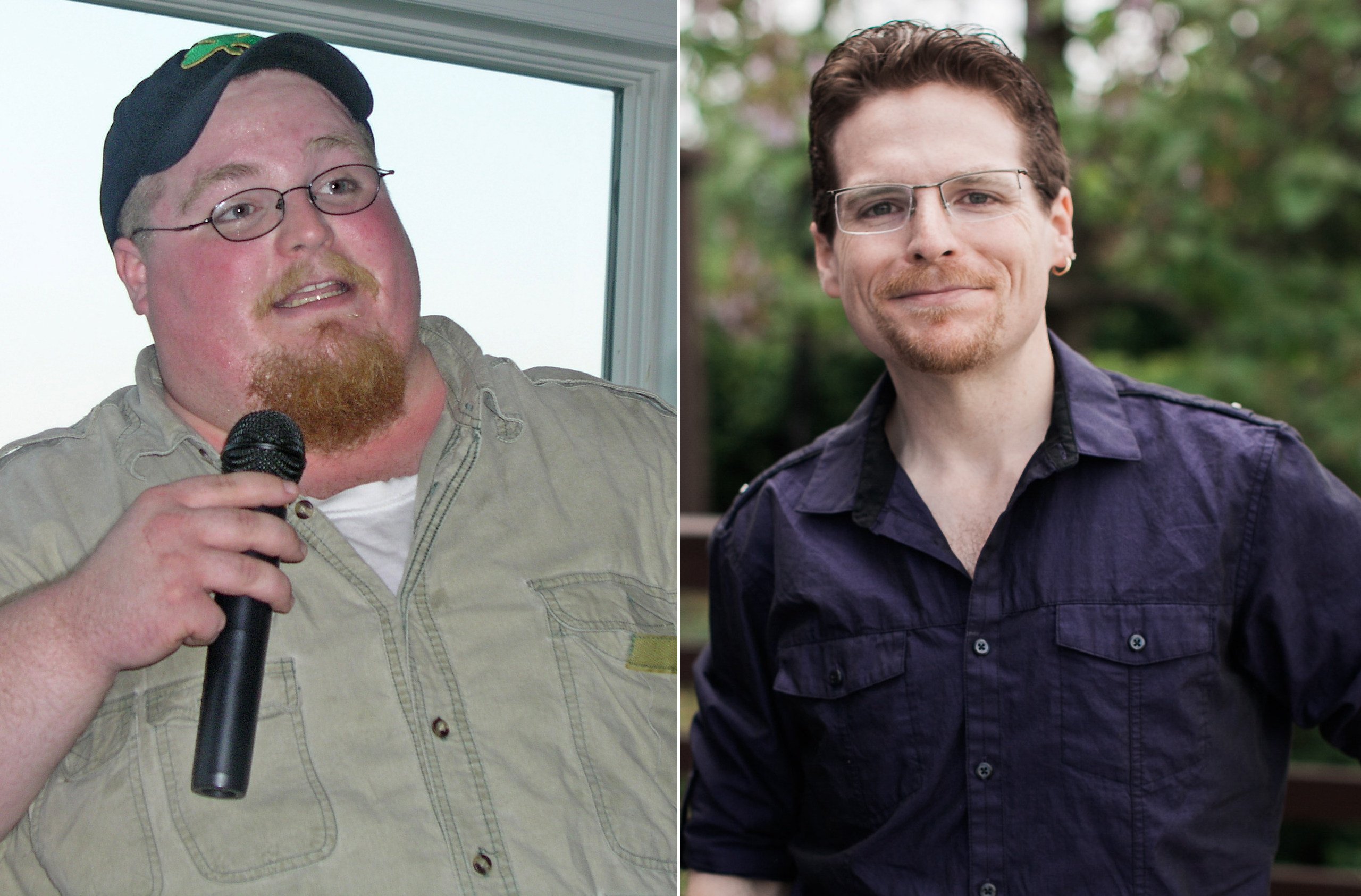 American podcaster Chuck Carroll, who grew up fat and addicted to junk food, describes his weight-loss journey – from a 190.5kg fast-food addict to a trim 63kg  advocate of the plant-based lifestyle (right). Photo: Chuck Carroll