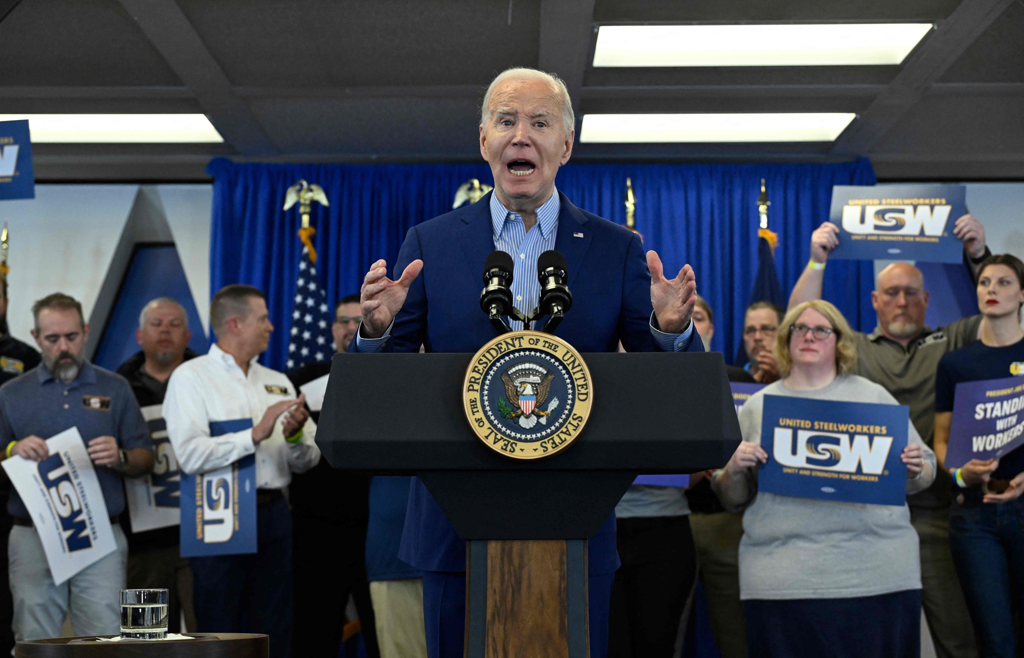 Joe Biden speaks at United Steelworkers headquarters in Pittsburgh, Pennsylvania. The US president is urging a tripling of tariffs on Chinese steel and aluminum as he pursues blue-collar votes ahead of November’s presidential election. Photo: AFP