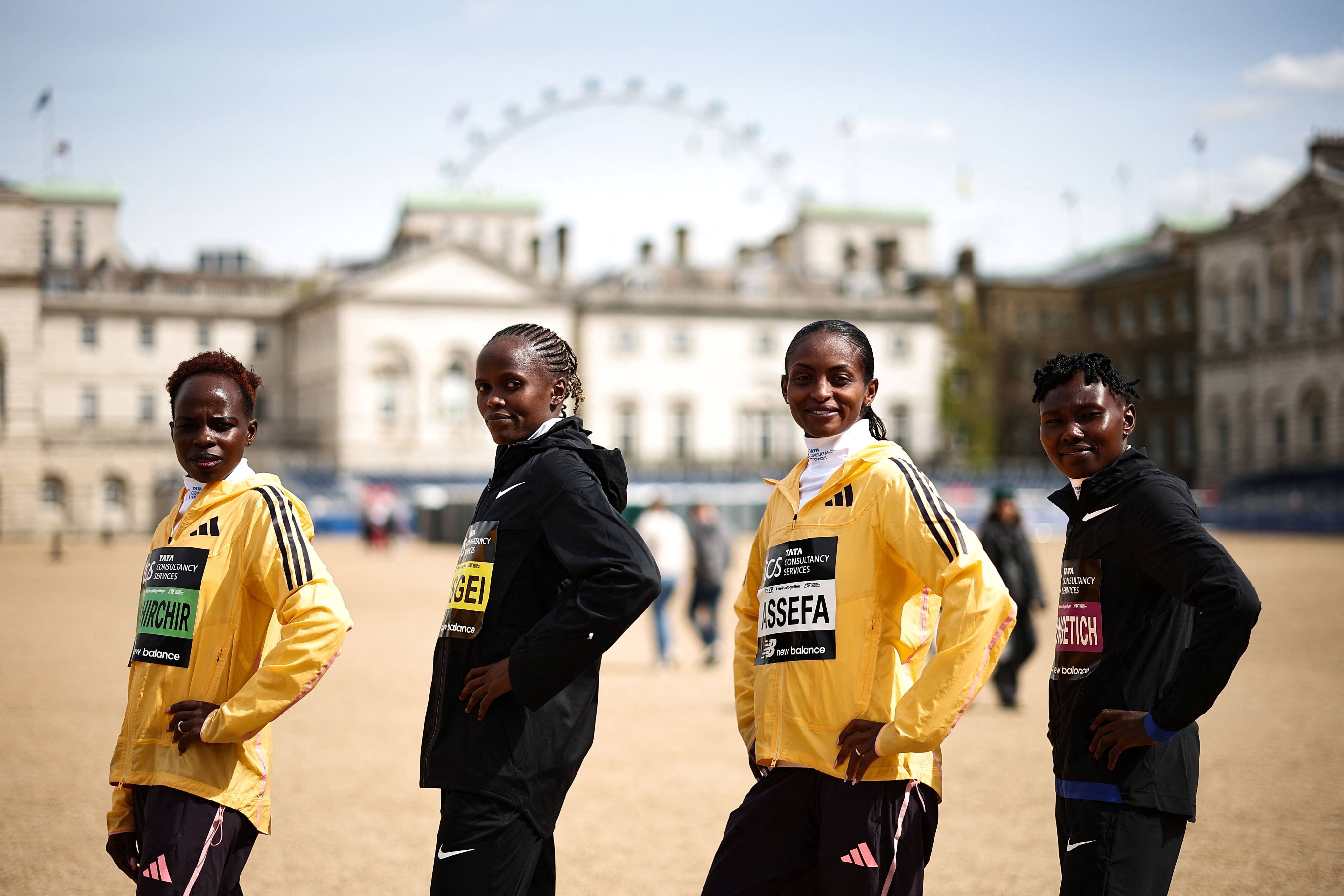 (From left) Olympic champion Peres Jepchirchir, previous world record holder Brigid Kosgei, Tigist Assefa and Ruth Chepngetich, the fourth-fastest woman of all time, at the Horse Guards Parade ahead of the London Marathon. Photo: AFP