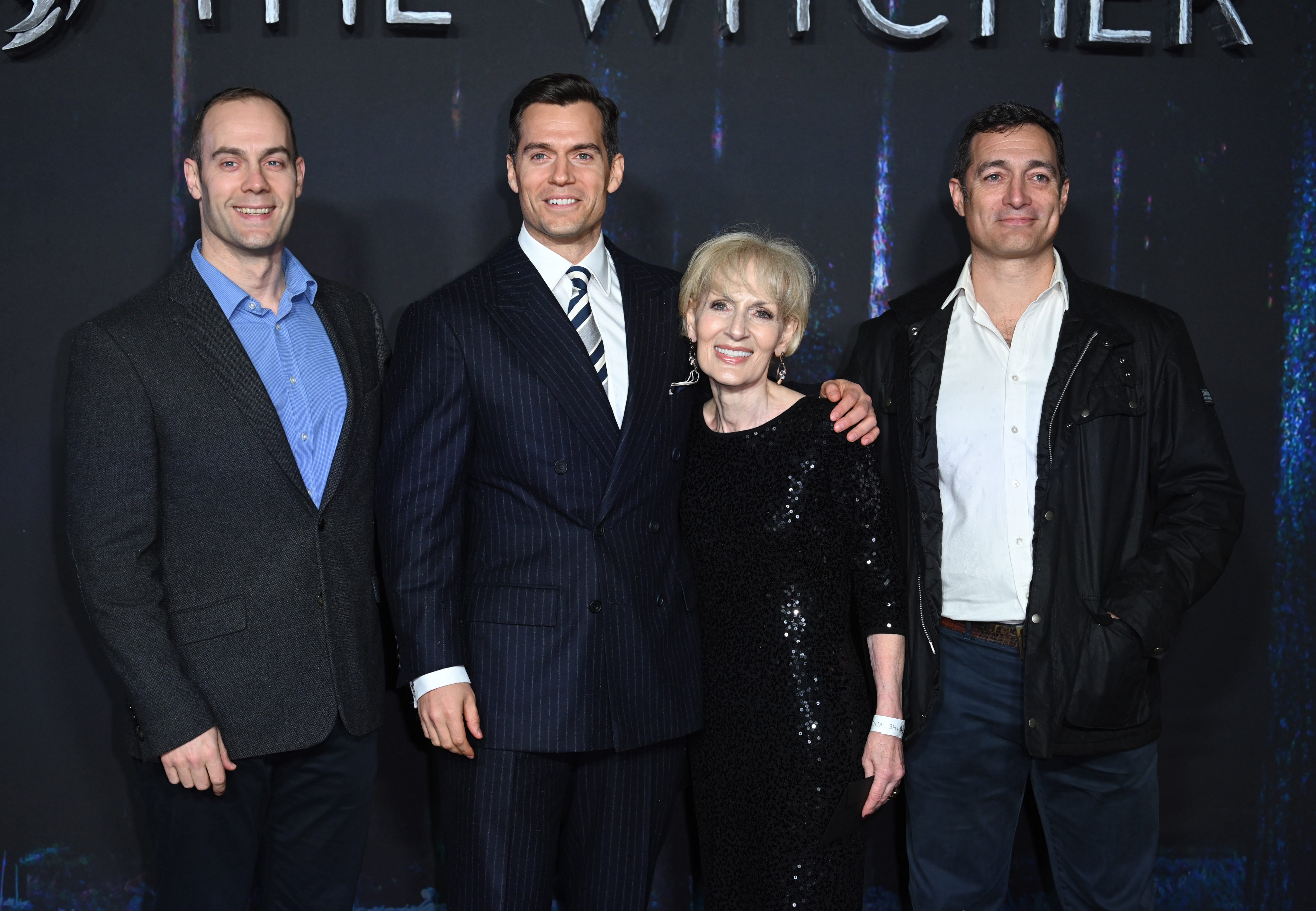Henry Cavill (second from left) with mother Marianne Cavill (second from right) and their family attend the world premiere of The Witcher season two at Odeon Luxe Leicester Square in December 2021, in London, England. Photo: WireImage