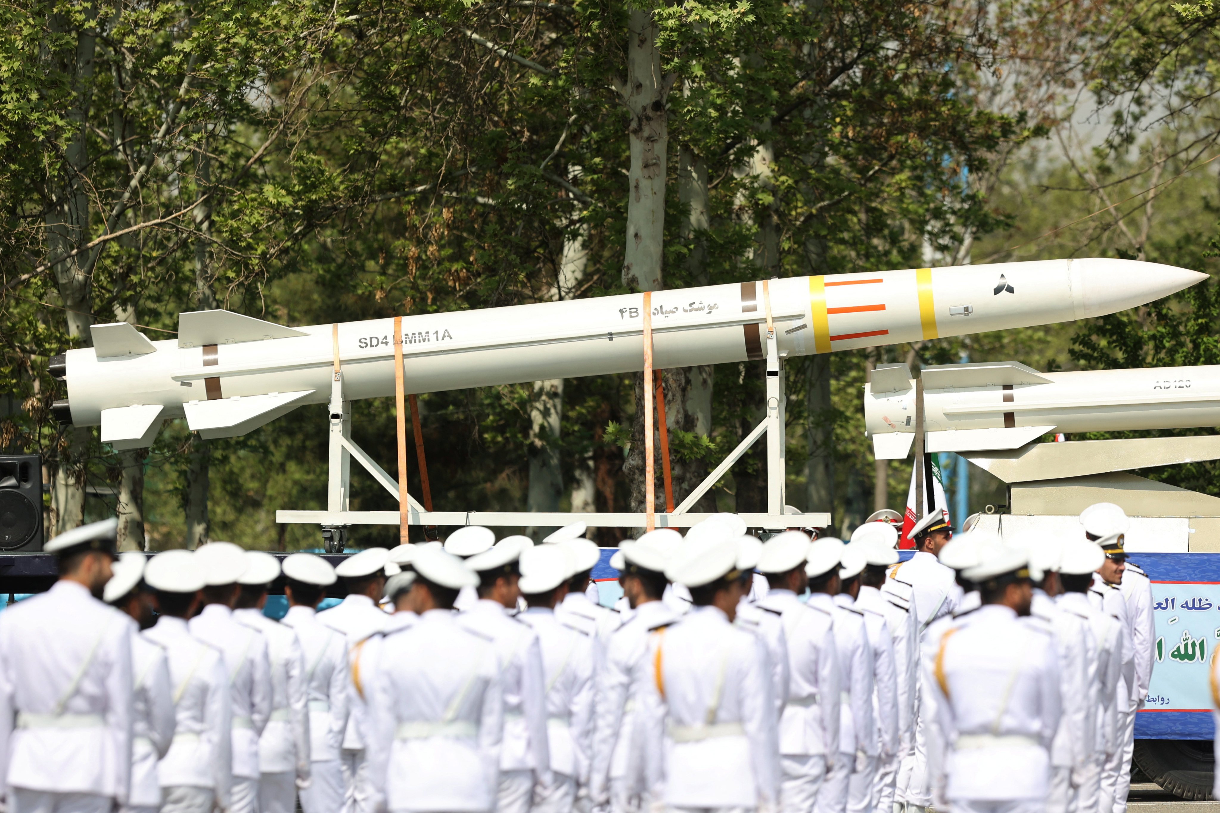 An Iranian missile is displayed during the National Army Day parade ceremony in Tehran on April 17. Photo: WANA via Reuters