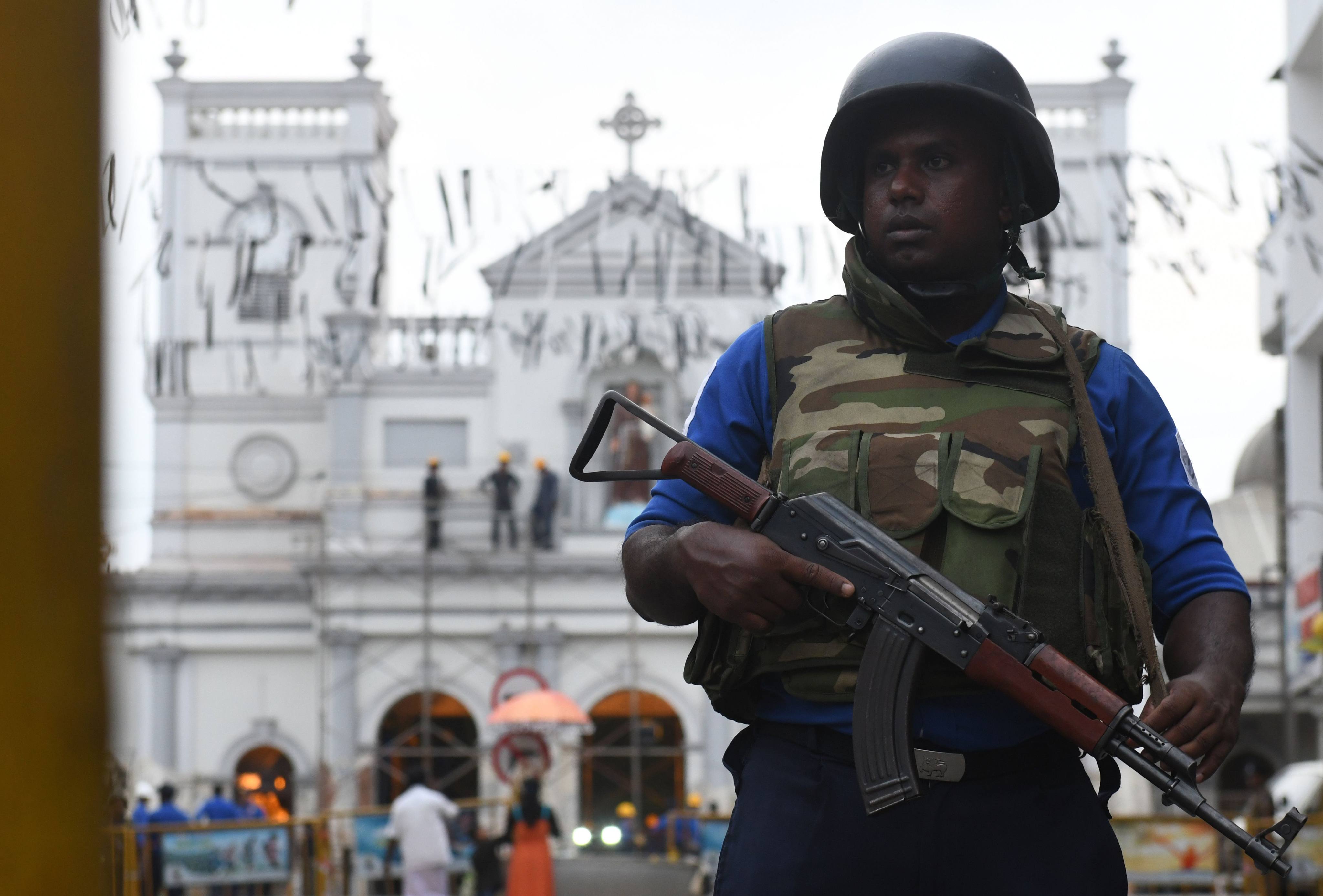A Sri Lankan soldier stands guard outside St. Anthony’s Shrine in Colombo in May 2019, a week after a series of bomb blasts targeting churches and luxury hotels rocked the Indian Ocean island nation. Photo: AFP