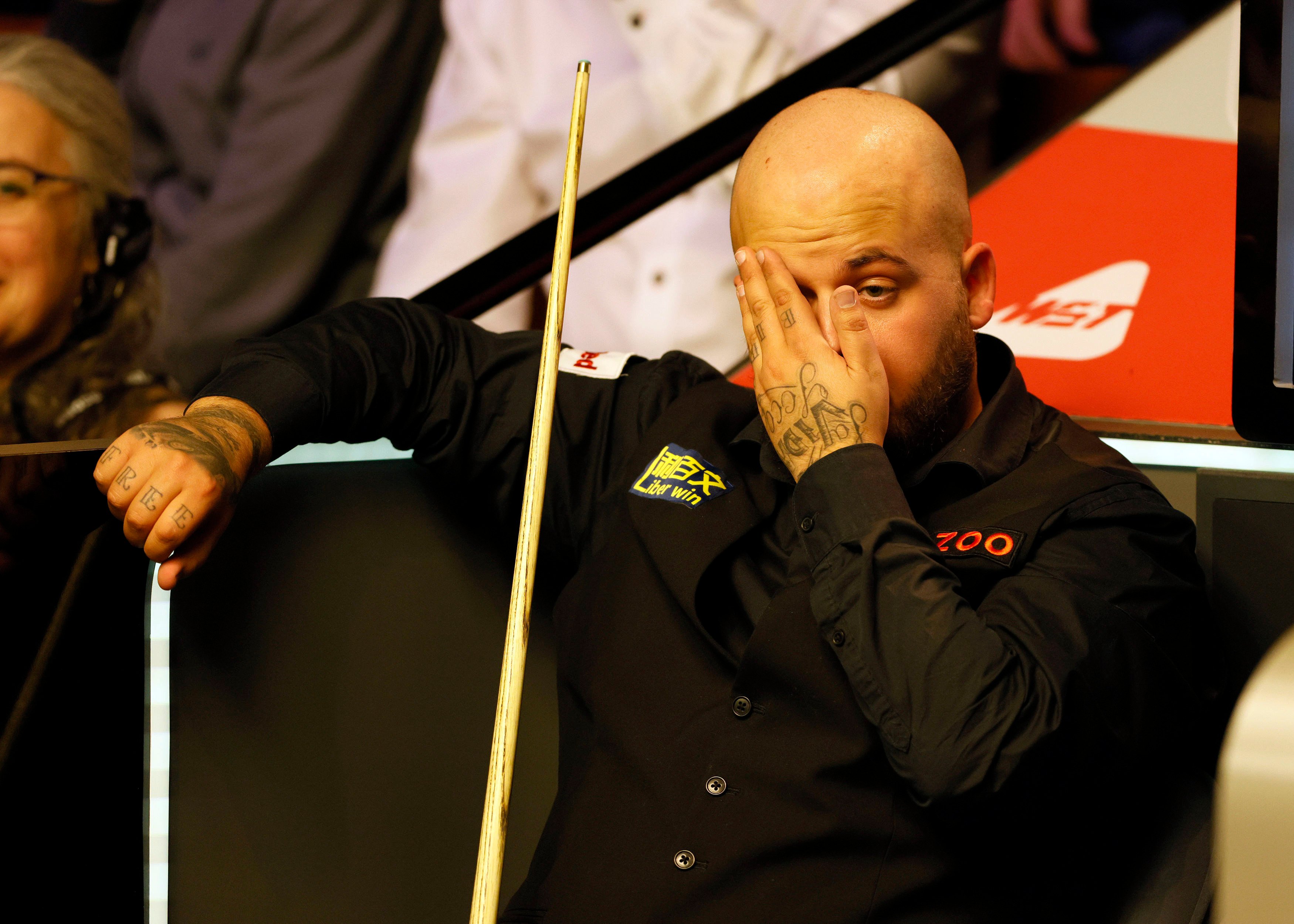 Luca Brecel during his match against David Gilbert on day one of the World Snooker Championship at the Crucible Theatre, Sheffield. Photo: AP