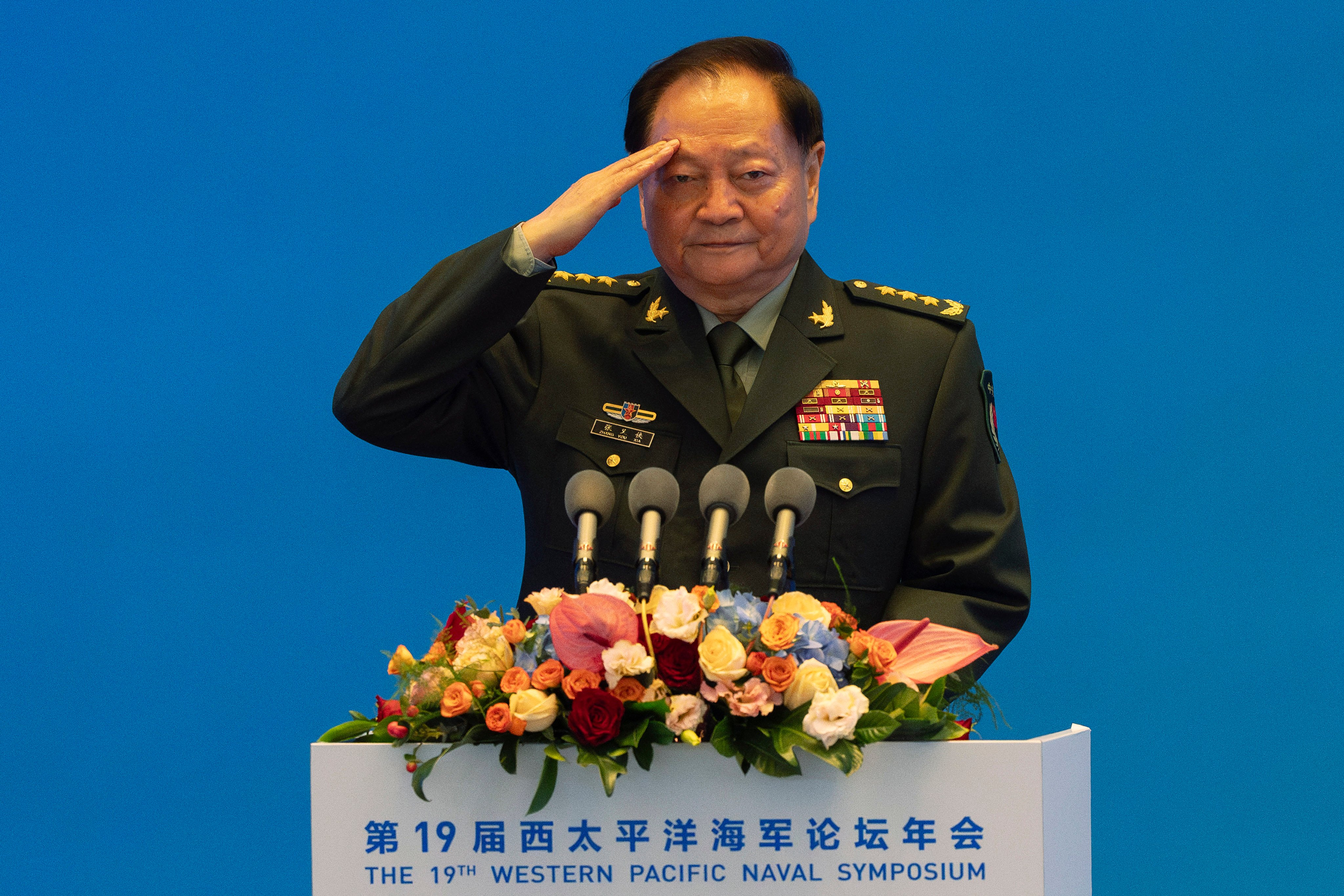 Zhang Youxia, vice-chairman of the CPC Central Military Commission, salutes before addressing the Western Pacific Navy Symposium in Qingdao, in eastern China’s Shandong province. Photo: AP