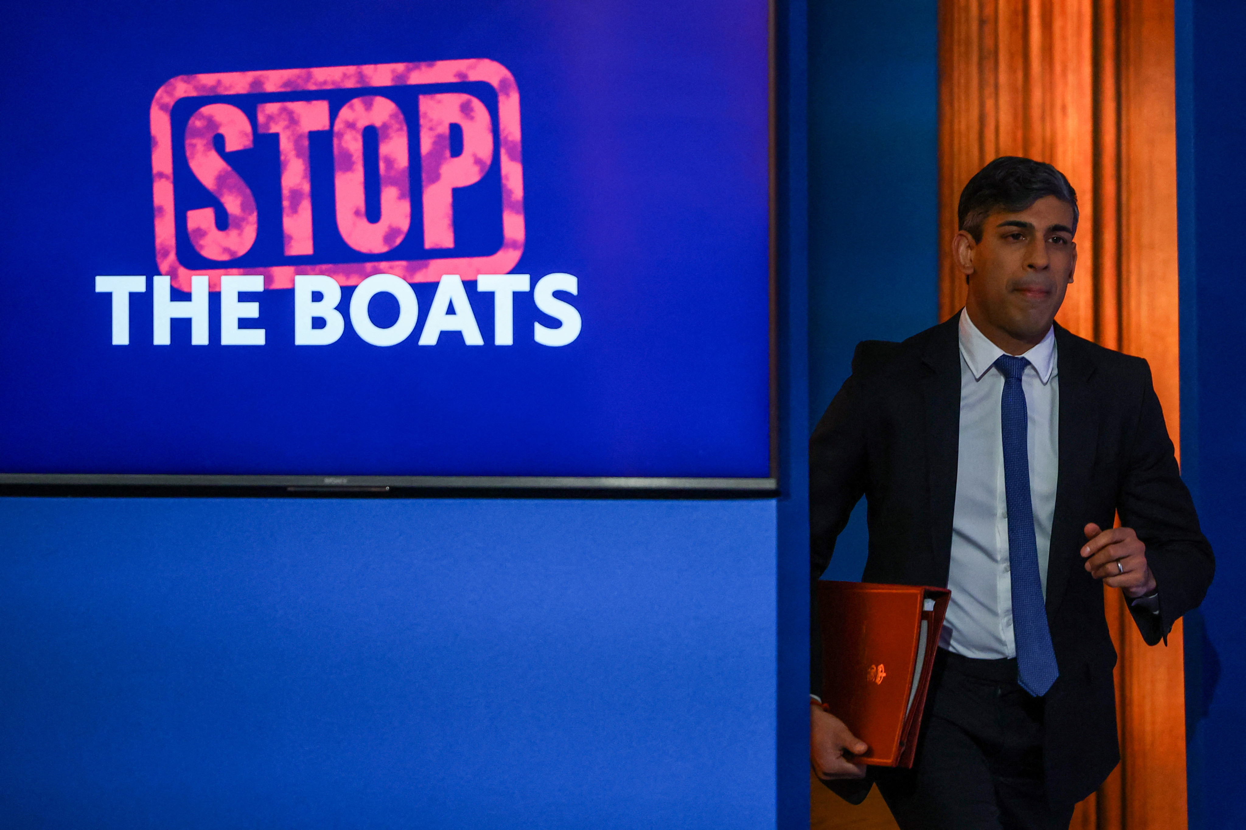 British Prime Minister Rishi Sunak arrives for a press conference in Downing Street. Sunak’s ruling Conservative Party plans to send some asylum seekers to Rwanda as a deterrent to persuade migrants that it is not worth the risk of crossing the English Channel on leaky inflatable boats. Photo: dpa