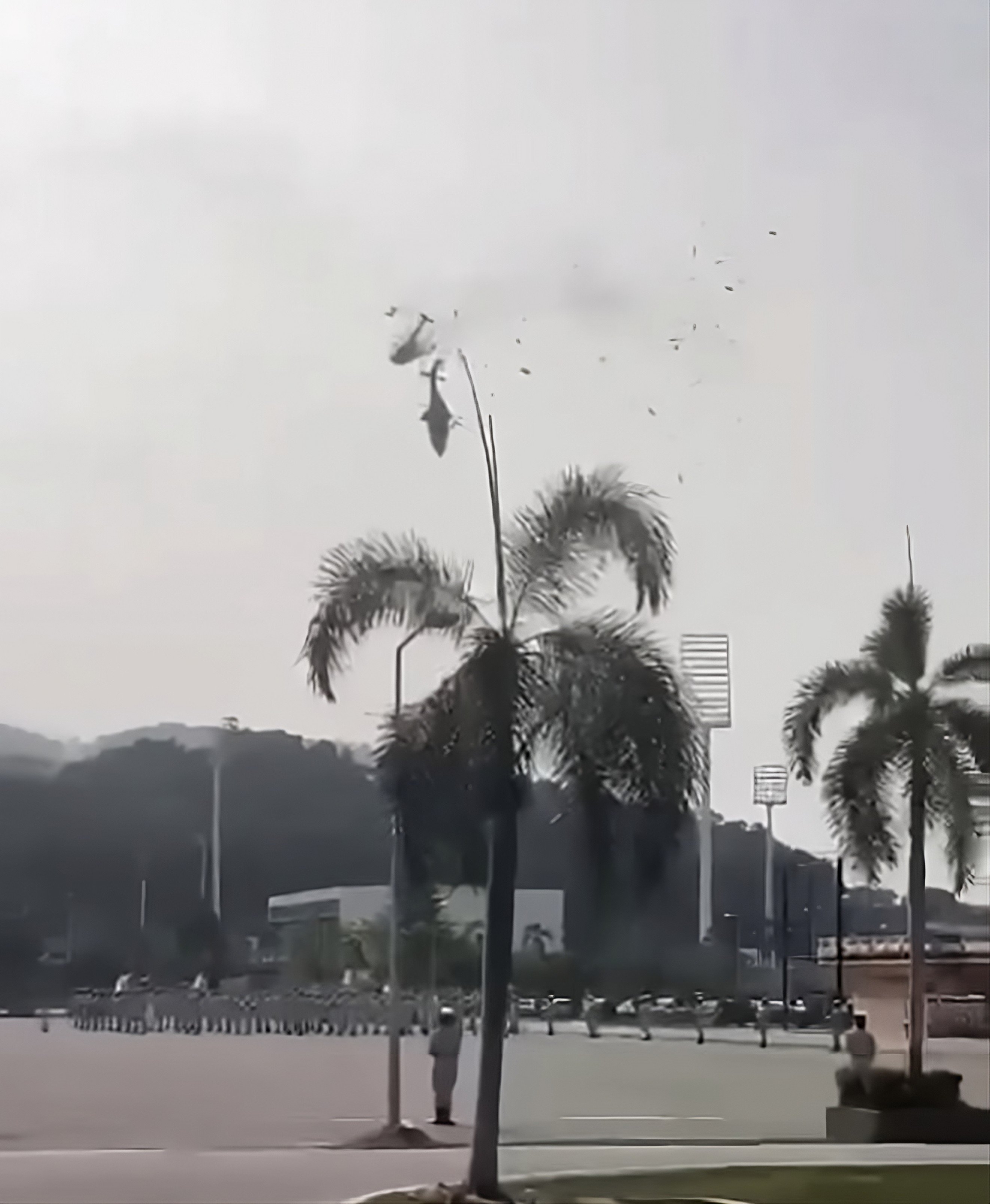 A still from a social media video shows the moment after the two naval helicopters crashed in Perak on Tuesday morning. Photo: Instagram/majoritioffical