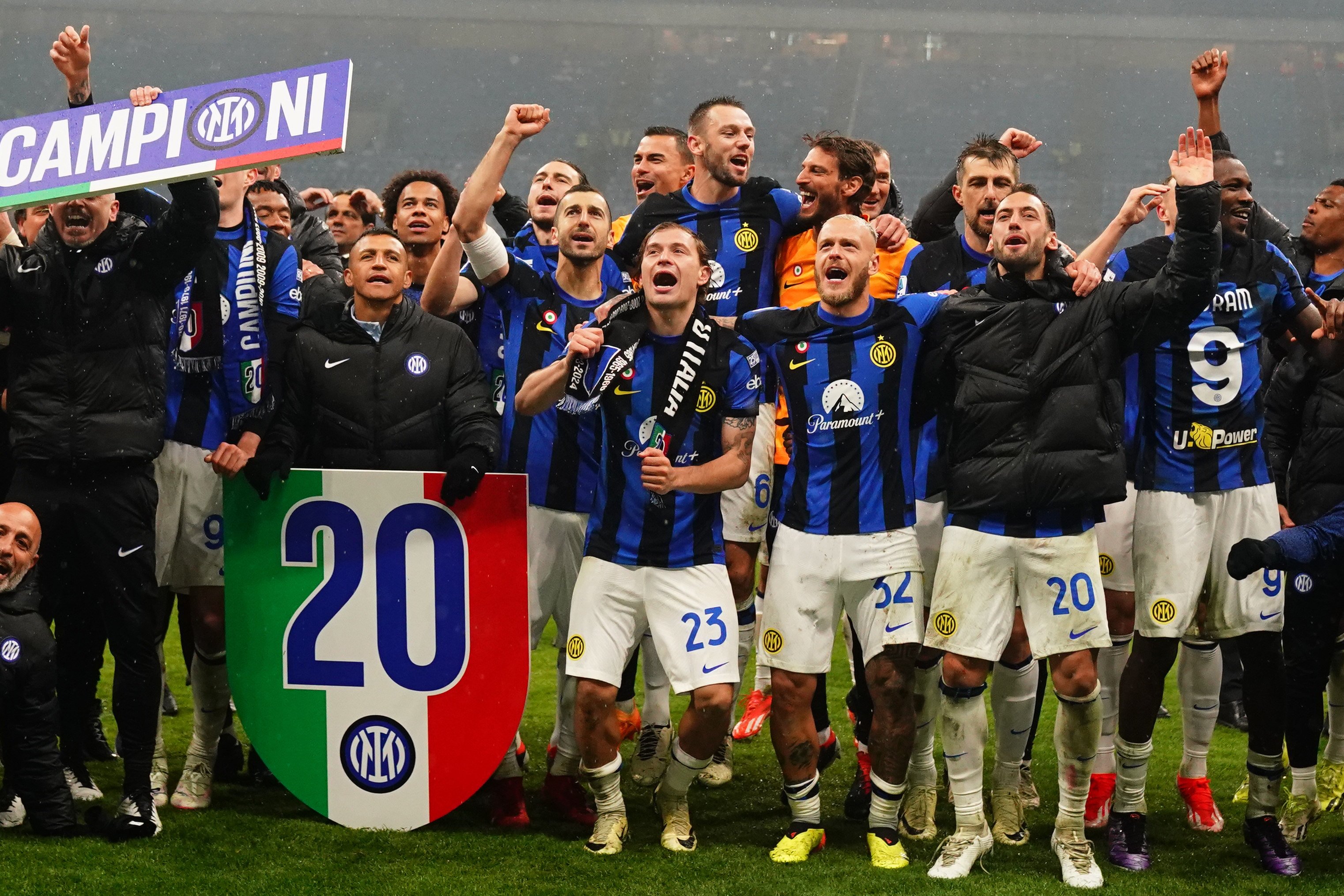 Inter Milan players celebrate winning Serie A after their derby win over AC Milan. Photo: DPA