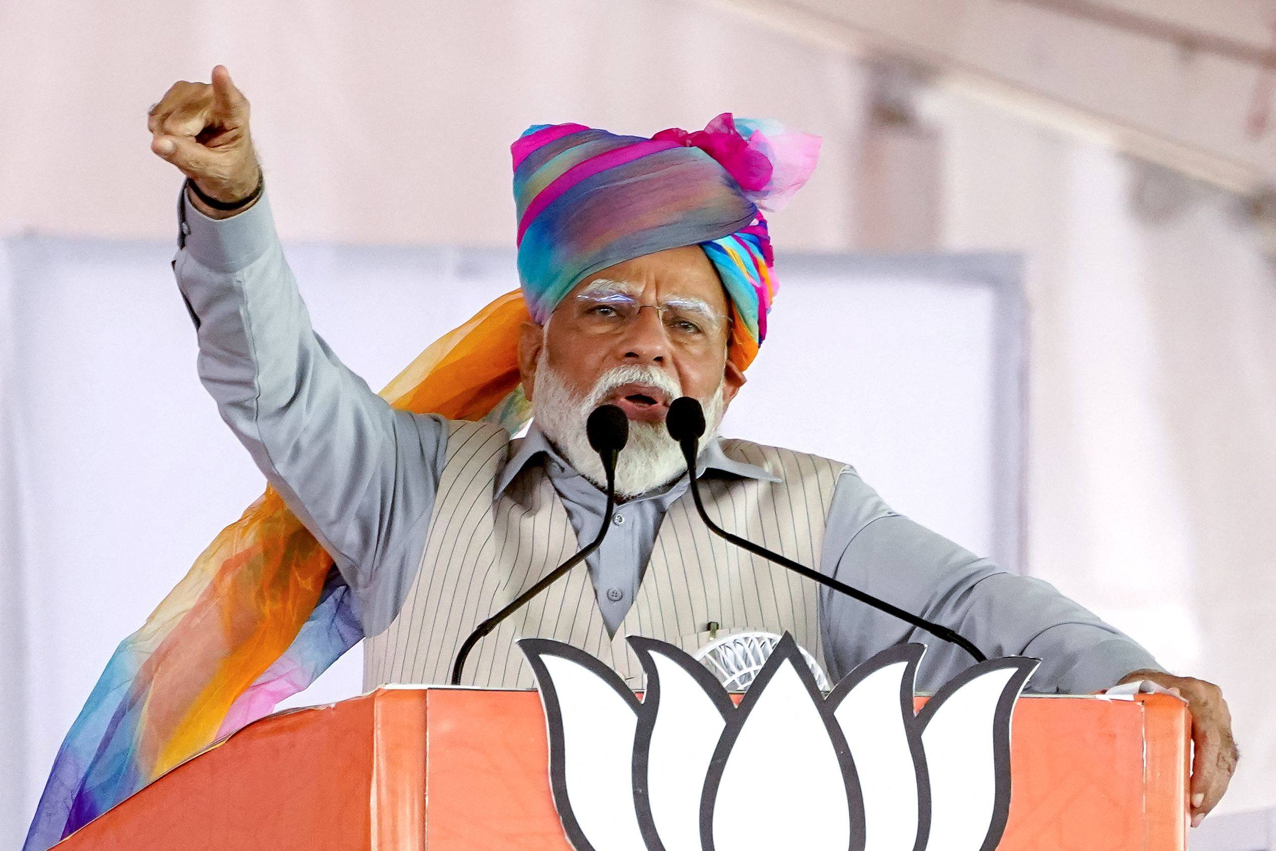 Indian Prime Minister Narendra Modi addresses supporters at a campaign rally in Pushkar, Rajasthan state, earlier this month. His continued use of sectarian politics has raised concerns about a breach of election standards. Photo: AFP