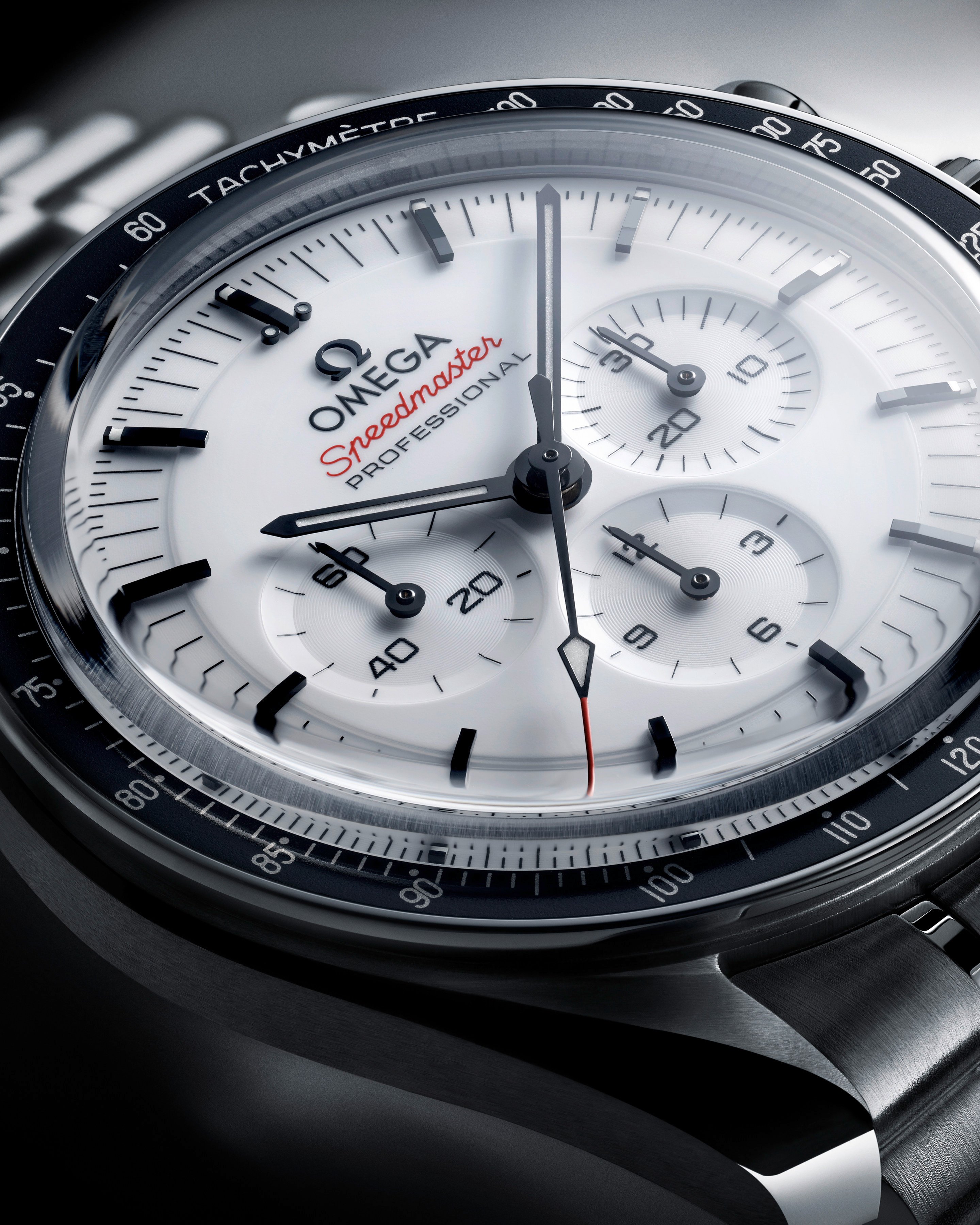 Among Omega’s spring highlights is a new Speedmaster Moonwatch, for the first time with a lacquered white dial. Photos: Handout