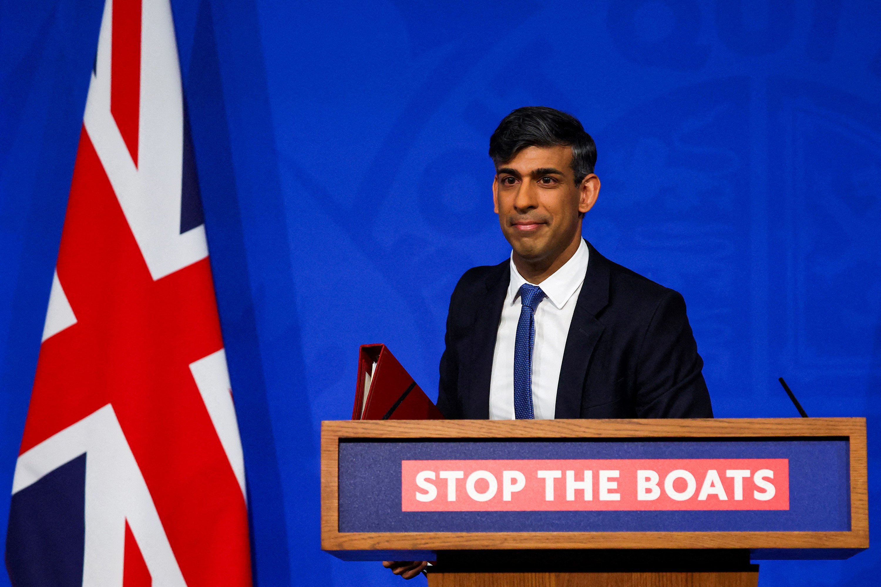Britain’s Prime Minister Rishi Sunak speaks on Monday at a press conference regarding the Britain and Rwanda treaty to transfer illegal migrants to the African country. Photo: TNS/Pool