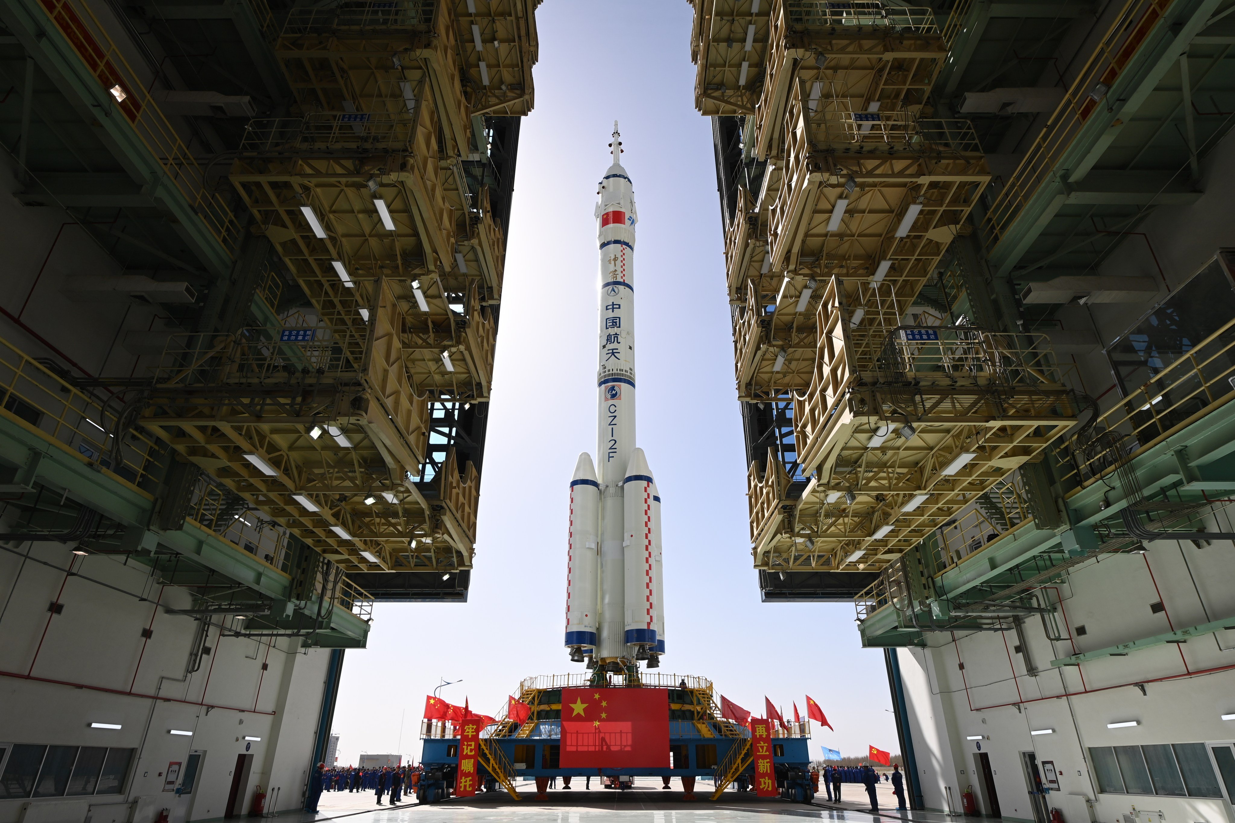 The Shenzhou-18 spaceship and a Long March-2F carrier rocket are pictured at the Jiuquan Satellite Launch Centre in northwest China. Photo: Xinhua