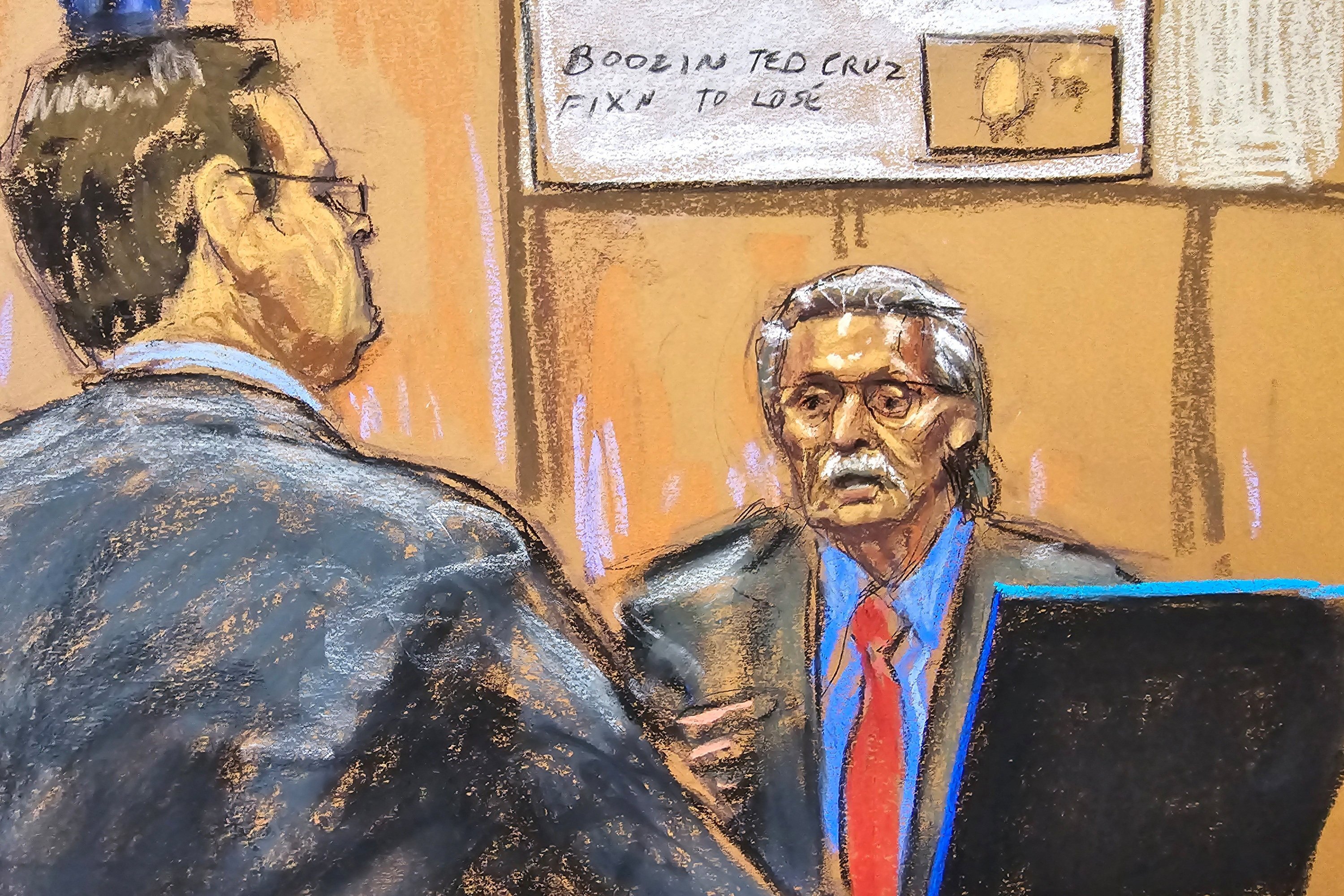 David Pecker is questioned by prosecutor Joshua Steinglass during former US President Donald Trump’s criminal trial in New York on Tuesday. Courtroom sketch: Jane Rosenberg via Reuters