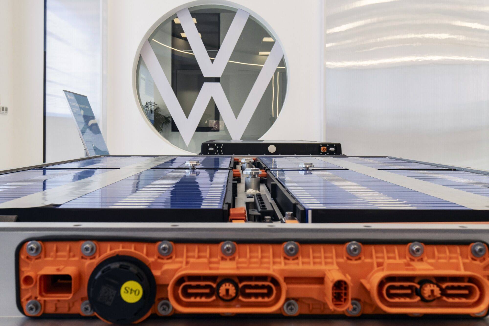 Batteries for Volkswagen electric vehicles on display at an exhibition in Hefei, China, last month. Photo: Bloomberg