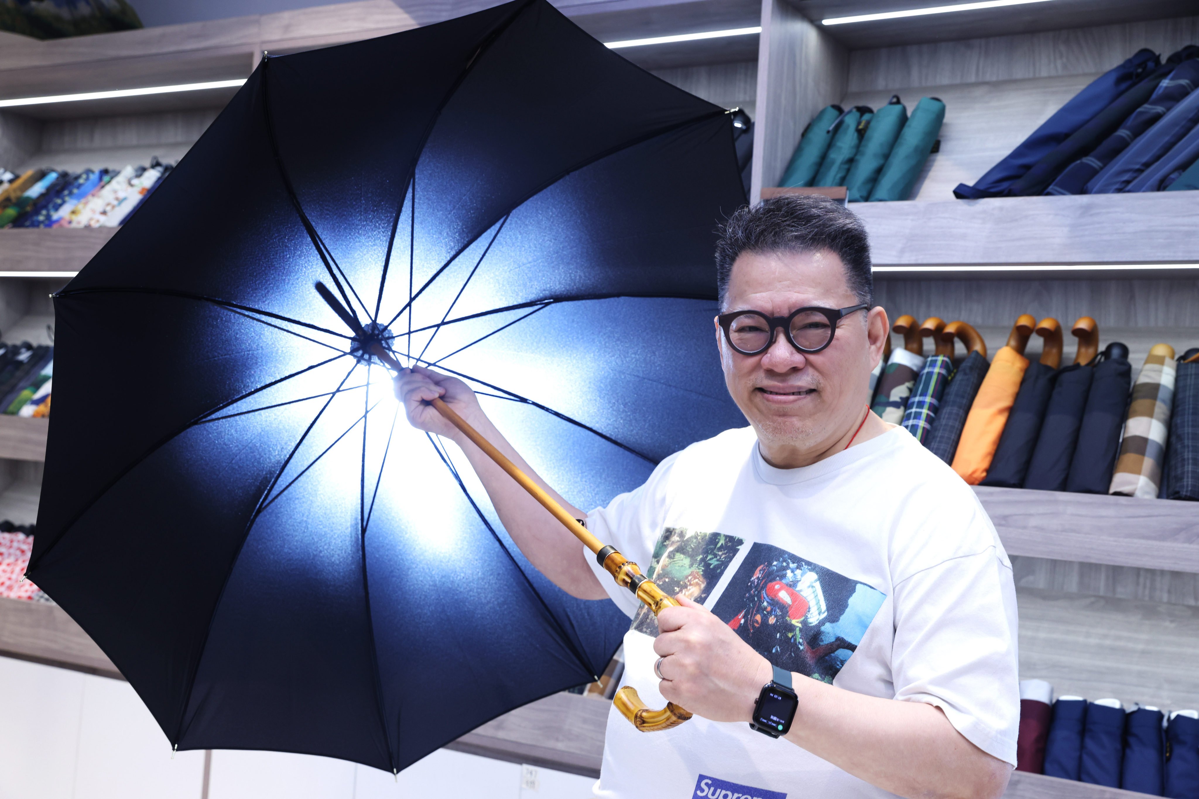 Leung Mang-sing, the fourth-generation owner of Leung So Kee Umbrella Factory, one of the oldest handmade umbrella manufacturers in China, holds one of the company’s items at its Park Lane Shopper’s Boulevard store in Tsim Sha Tsui, Hong Kong. Photo: Yik Yeung-man
