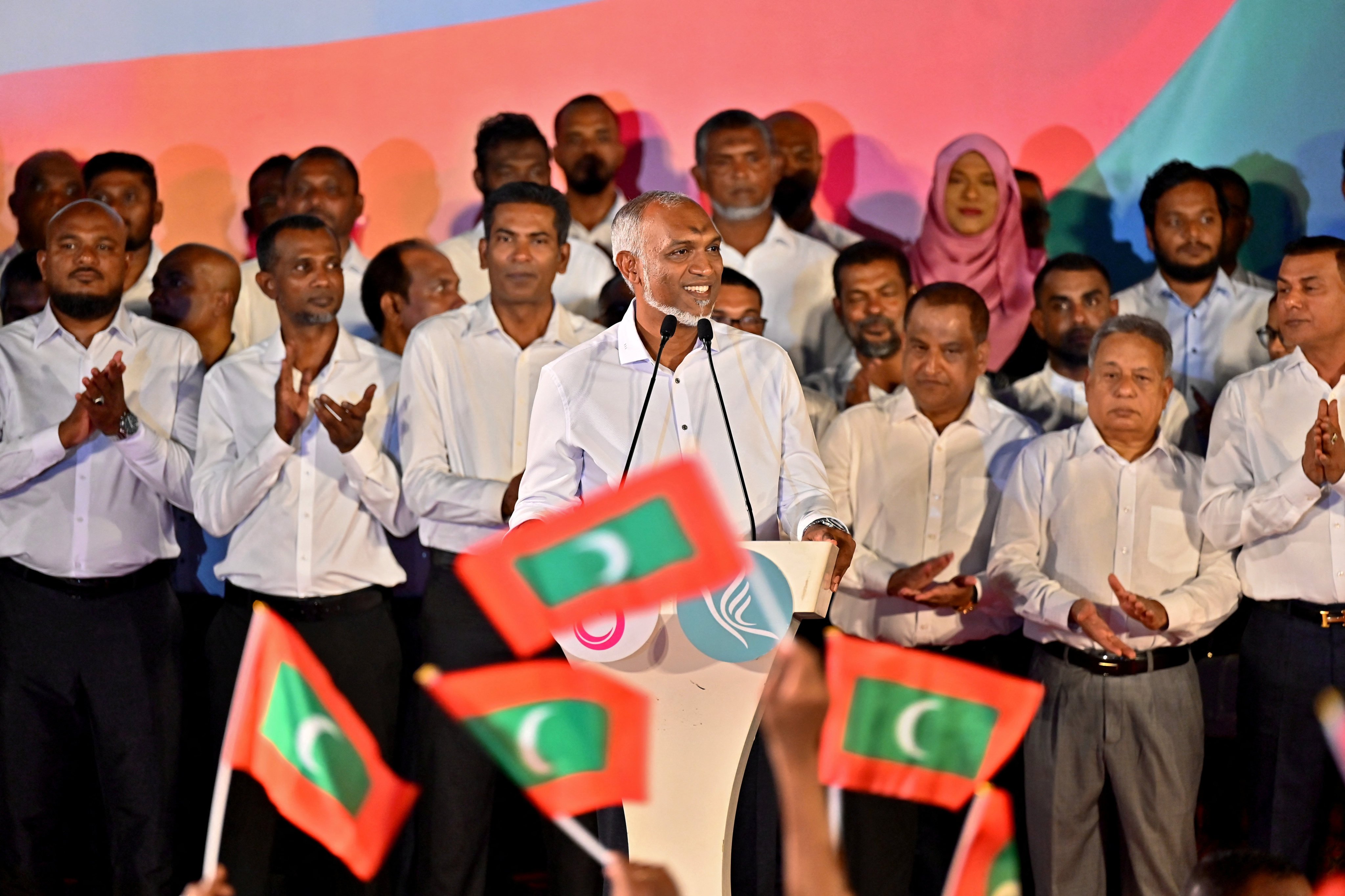 Maldives President Mohamed Muizzu addresses supporters in Male on Monday as his People’s National Congress party celebrates a landslide victory in parliamentary elections. Photo: Reuters