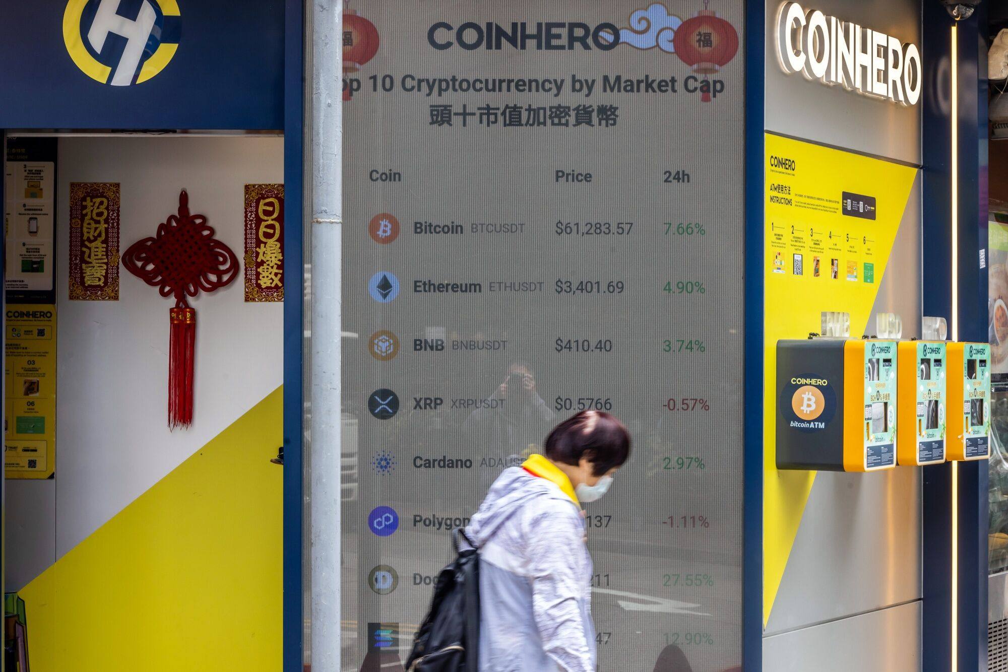 The prices of cryptocurrencies against US dollars are shown on a screen in Hong Kong,  February 29, 2024. Photo: Bloomberg